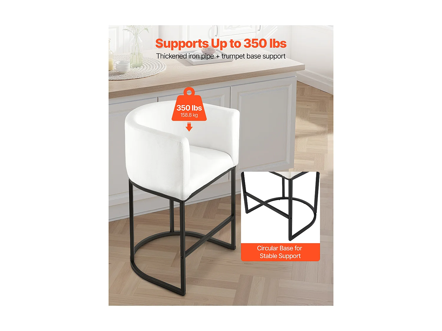 Tabouret de Bar SucceBuy, Lot de 3, Chaise de Bar en Tissu, 63.5 cm Haut, Siège de Cuisine avec Dossier, Accoudoirs, Structure en Métal Et Repose-pieds, Blanc