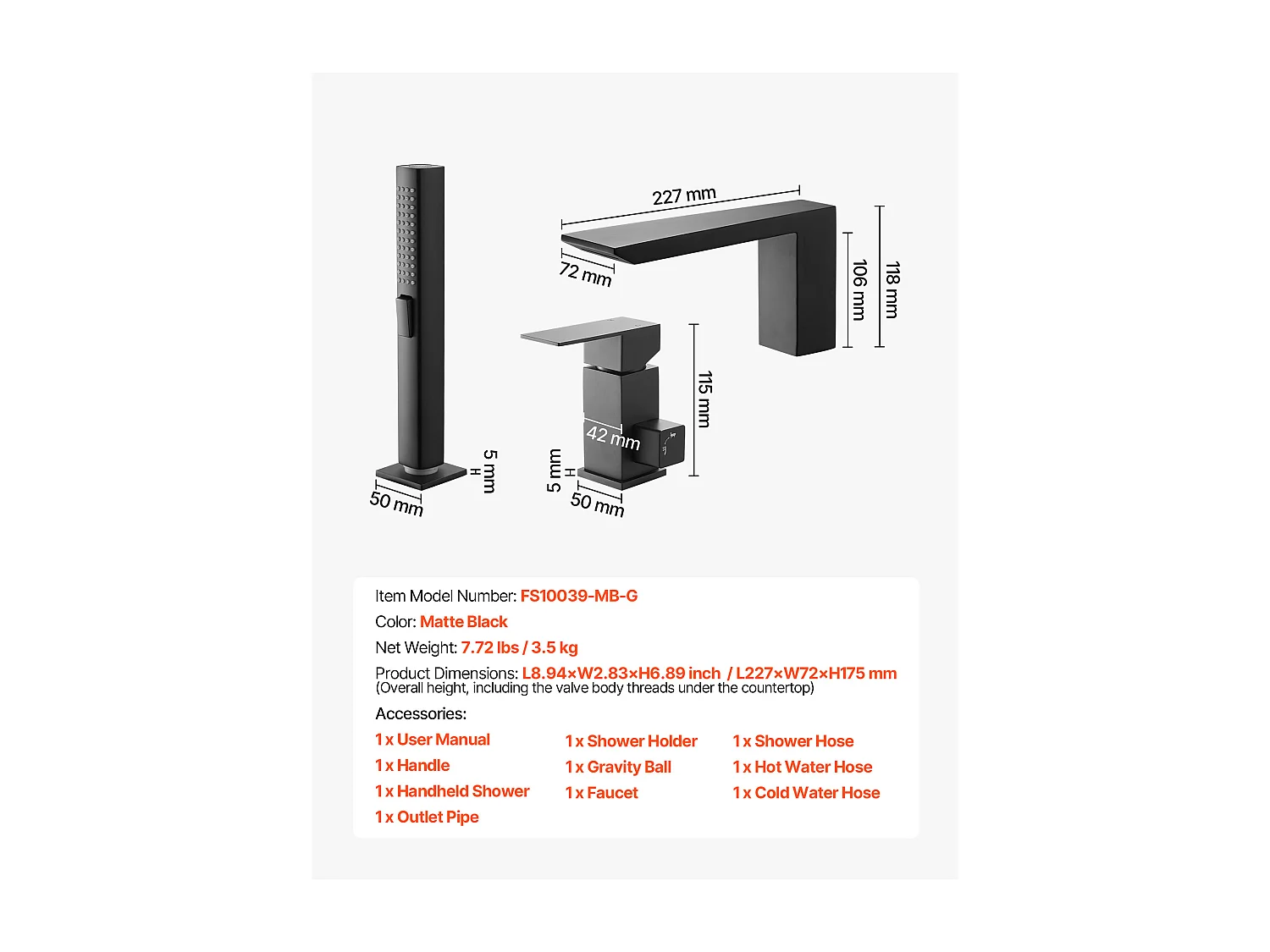 Mitigeur de Baignoire Romaine SucceBuy, Robinet de Bain à 3 Trous, Cascade, avec Pommeau de Douche et Une Poignée, en Acier Inoxydable, Anti-goutte