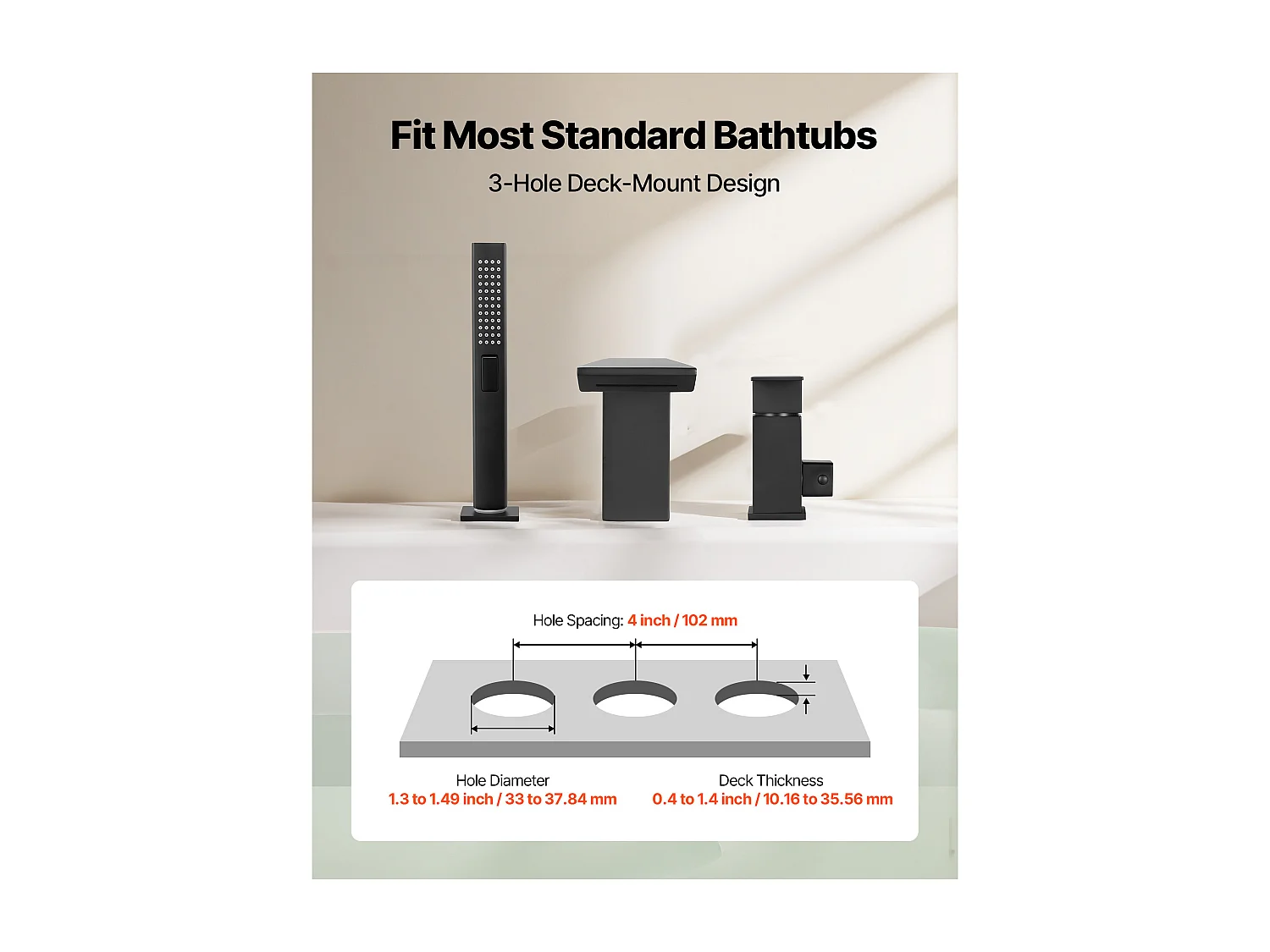 Mitigeur de Baignoire Romaine SucceBuy, Robinet de Bain à 3 Trous, Cascade, avec Pommeau de Douche et Une Poignée, en Acier Inoxydable, Anti-goutte