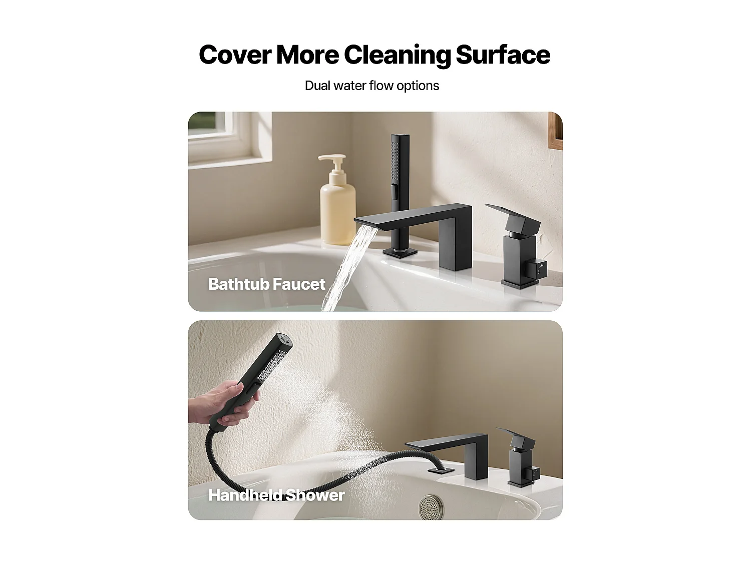 Mitigeur de Baignoire Romaine SucceBuy, Robinet de Bain à 3 Trous, Cascade, avec Pommeau de Douche et Une Poignée, en Acier Inoxydable, Anti-goutte