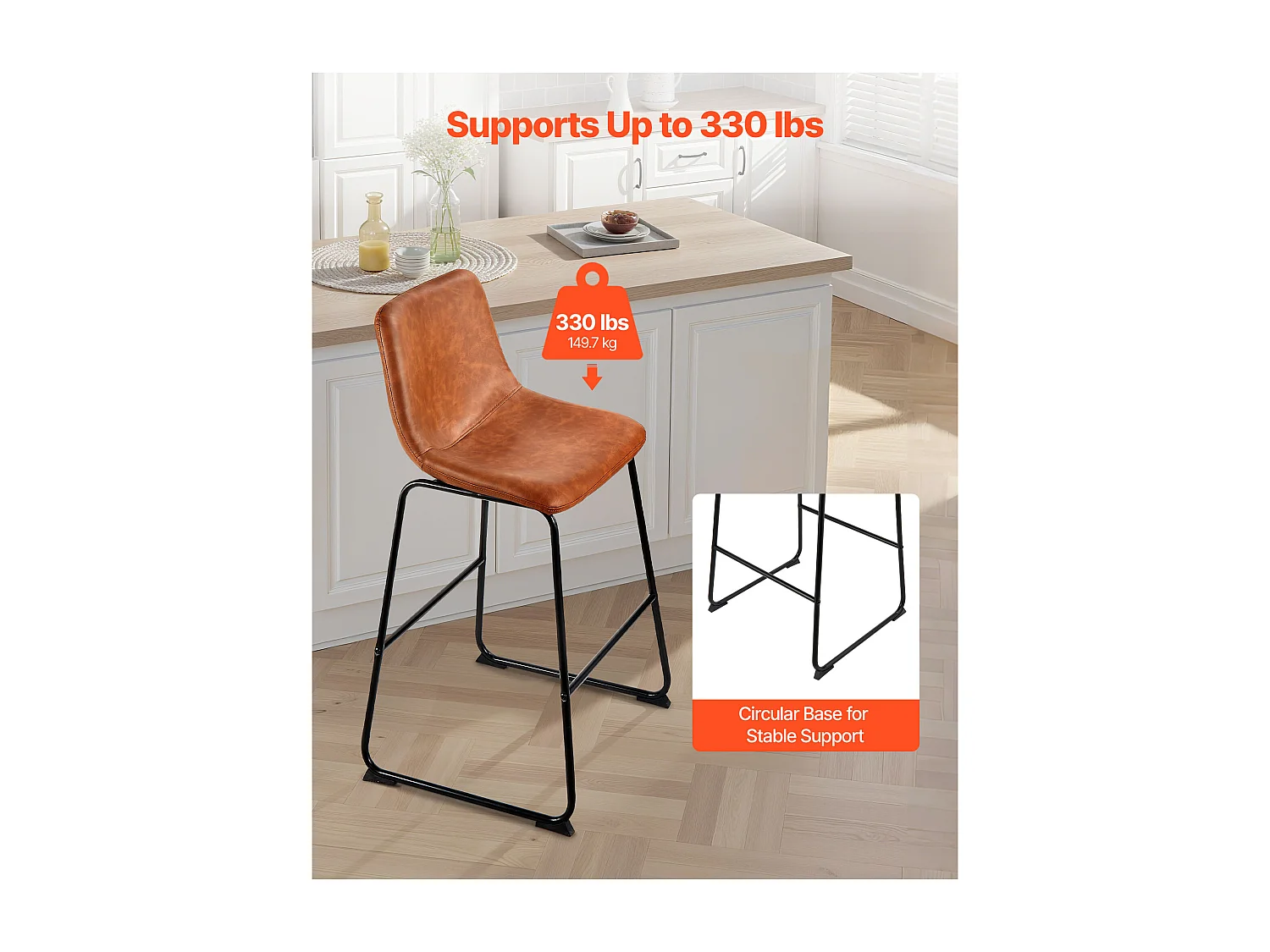 Tabouret de Bar SucceBuy, Lot de 4, Chaise de Bar en Cuir PU Confortable, 65 cm de Haut, Siège de Cuisine avec Dossier Et Pieds en Métal, Marron