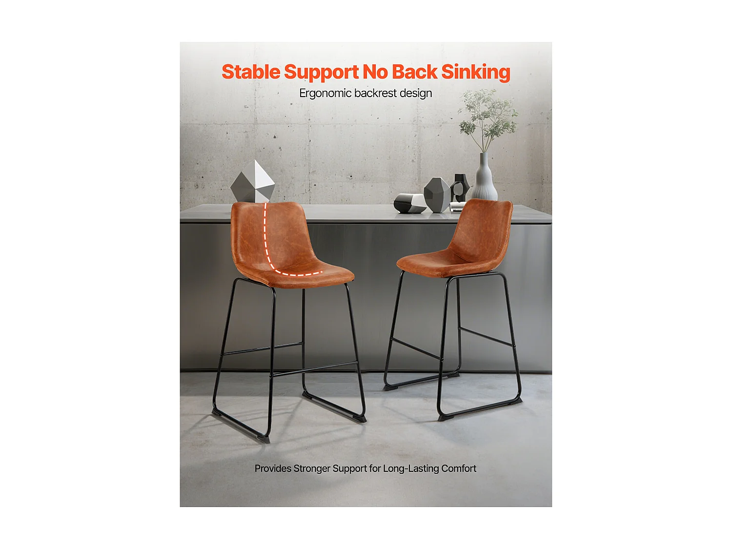 Tabouret de Bar SucceBuy, Lot de 4, Chaise de Bar en Cuir PU Confortable, 65 cm de Haut, Siège de Cuisine avec Dossier Et Pieds en Métal, Marron