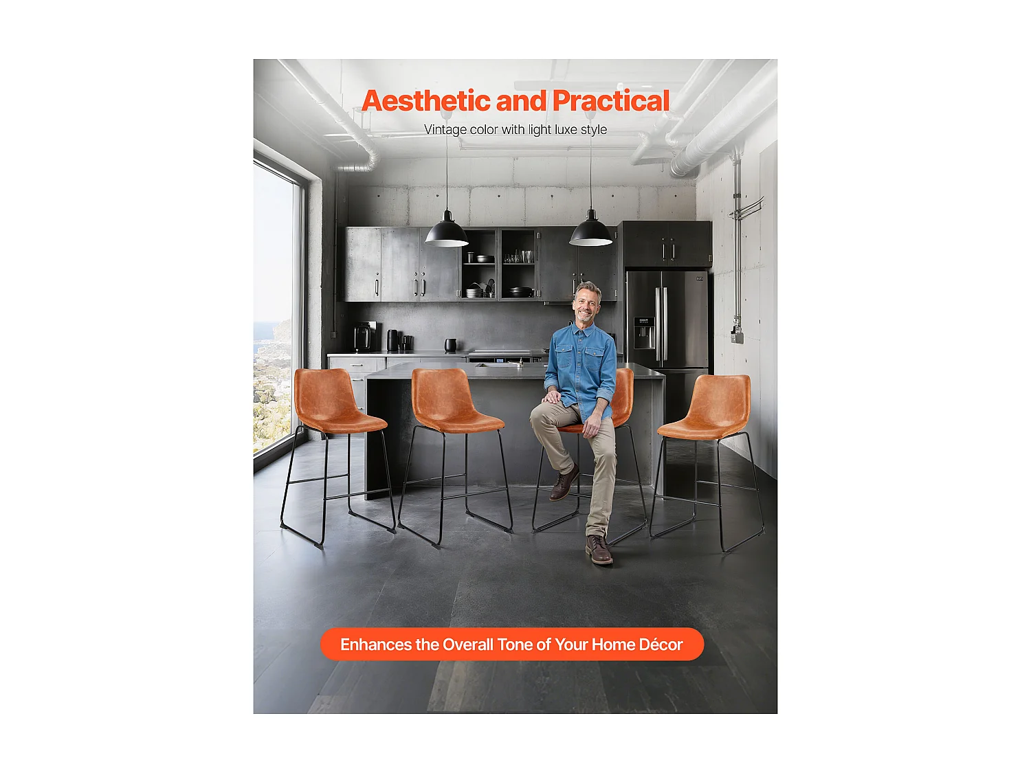 Tabouret de Bar SucceBuy, Lot de 4, Chaise de Bar en Cuir PU Confortable, 65 cm de Haut, Siège de Cuisine avec Dossier Et Pieds en Métal, Marron