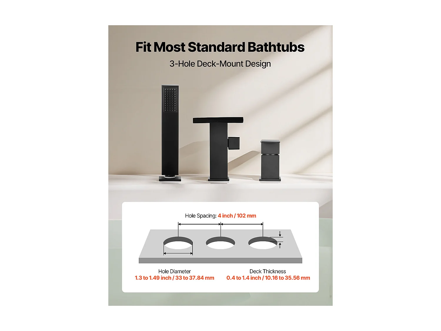 Mitigeur de Baignoire Romaine SucceBuy, Robinet de Bain à 3 Trous, Cascade, avec Pommeau de Douche et Une Poignée, Montage sur Pont, pour Salle de Bains