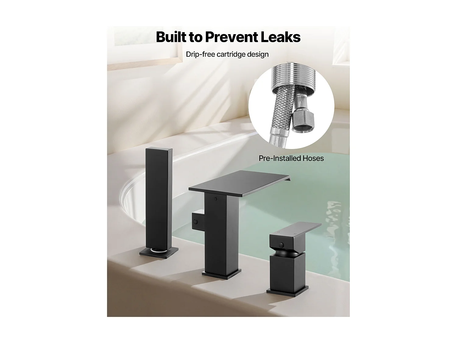 Mitigeur de Baignoire Romaine SucceBuy, Robinet de Bain à 3 Trous, Cascade, avec Pommeau de Douche et Une Poignée, Montage sur Pont, pour Salle de Bains