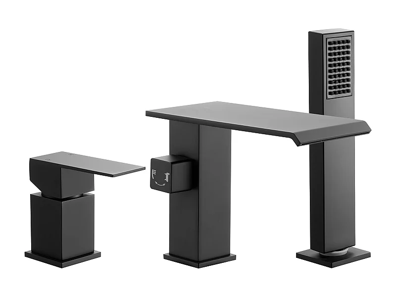 Mitigeur de Baignoire Romaine SucceBuy, Robinet de Bain à 3 Trous, Cascade, avec Pommeau de Douche et Une Poignée, Montage sur Pont, pour Salle de Bains