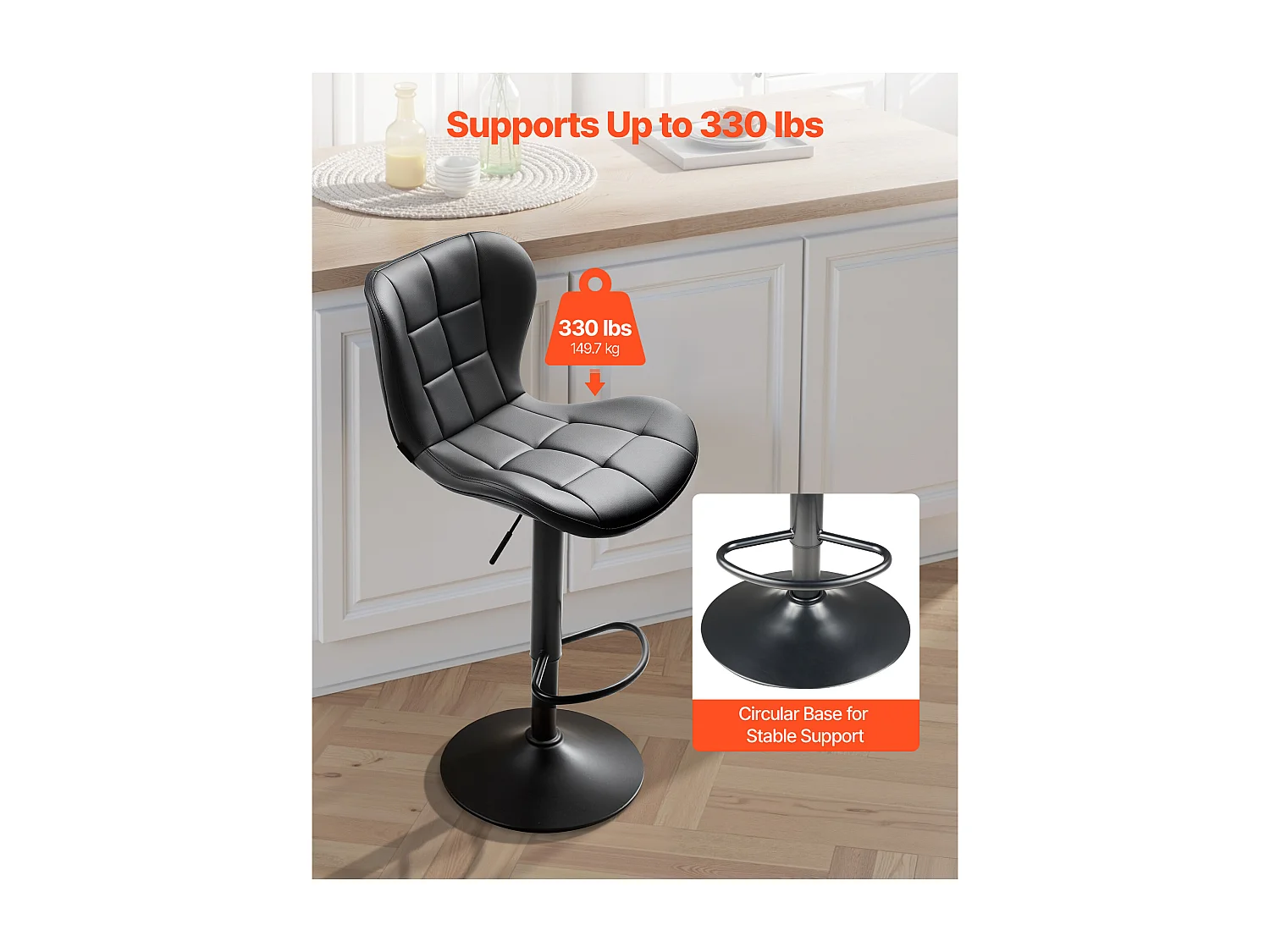 Tabouret de Bar SucceBuy, Lot de 4, Chaise de Bar Moderne en Cuir PU, Siège de Cuisine Pivotante, Hauteur Réglable, avec Dossier Et Repose-pieds, Noir