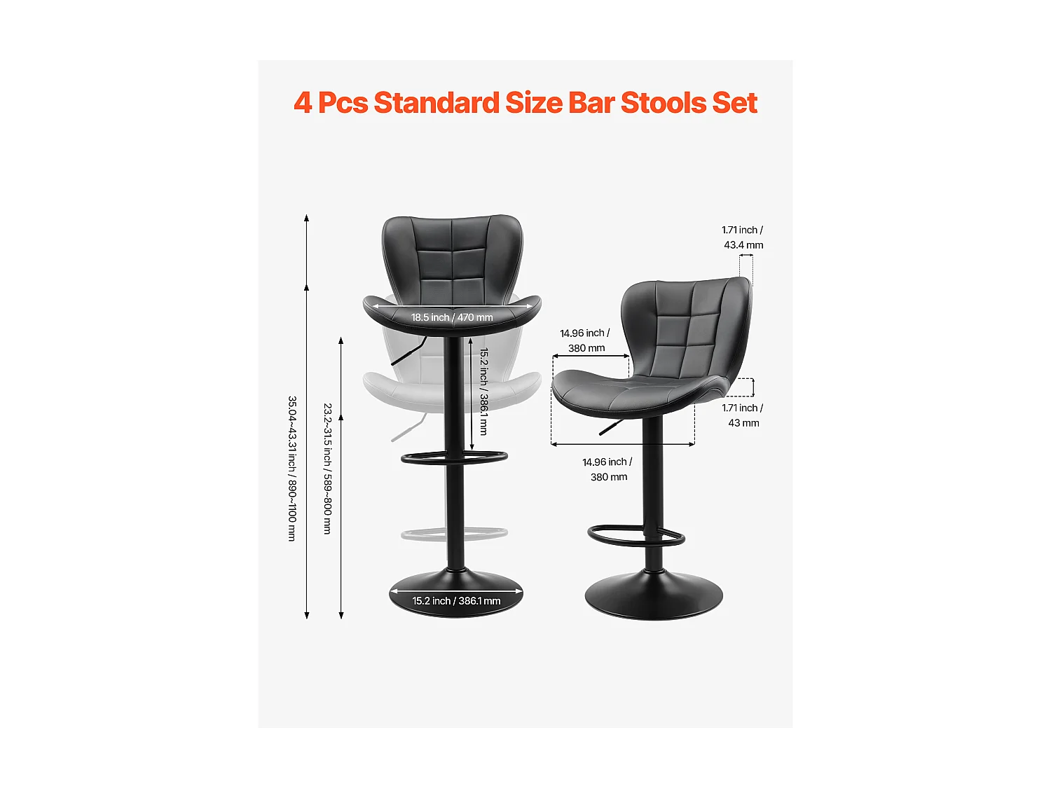 Tabouret de Bar SucceBuy, Lot de 4, Chaise de Bar Moderne en Cuir PU, Siège de Cuisine Pivotante, Hauteur Réglable, avec Dossier Et Repose-pieds, Noir