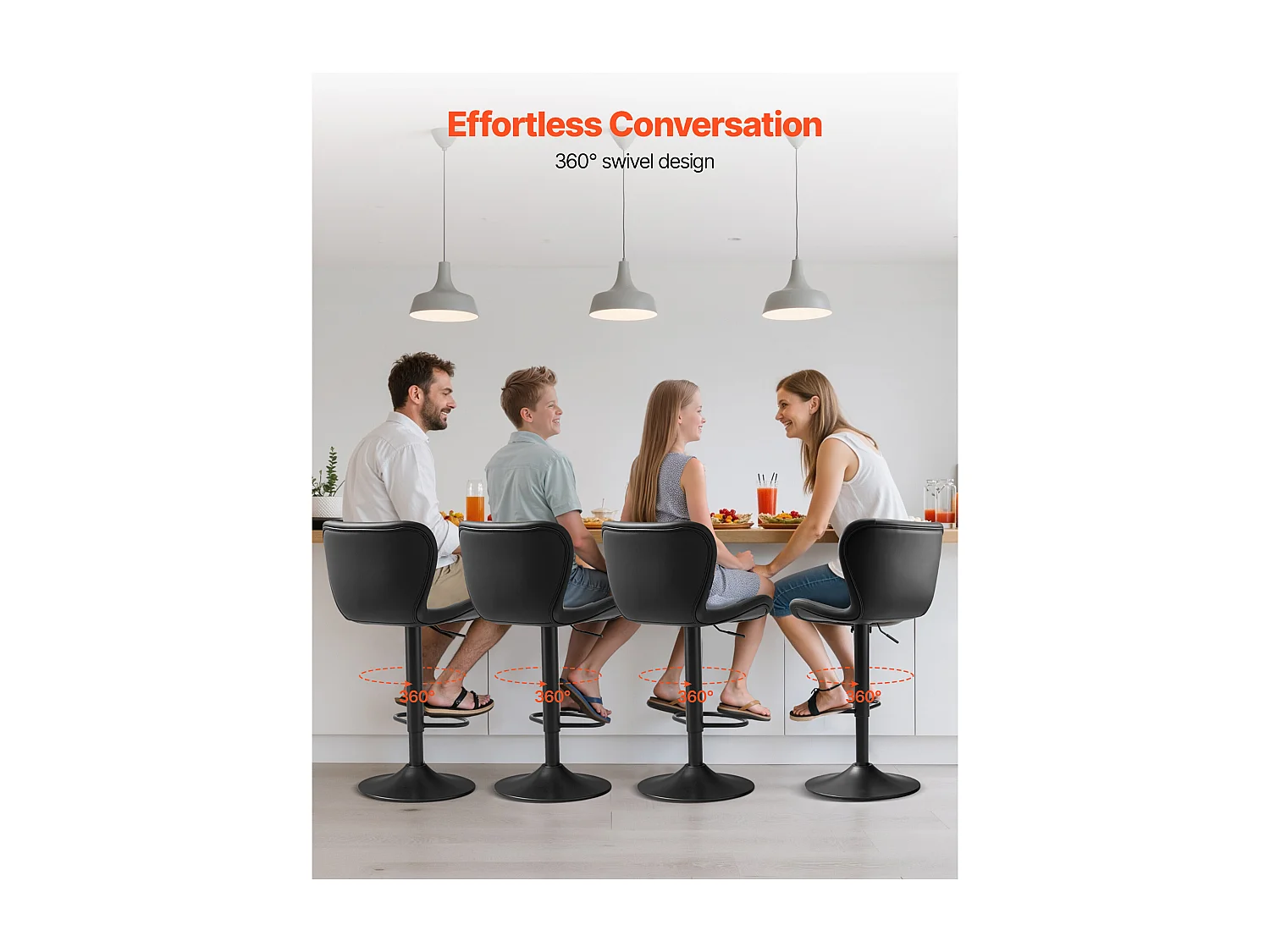 Tabouret de Bar SucceBuy, Lot de 4, Chaise de Bar Moderne en Cuir PU, Siège de Cuisine Pivotante, Hauteur Réglable, avec Dossier Et Repose-pieds, Noir