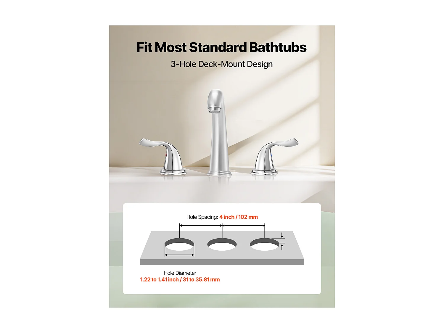 Mitigeur de Baignoire SucceBuy à 3 Trous avec 2 Poignées, Robinet de Baignoire Romaine, Ensemble de Robinetterie de Bain à Montage sur Pont, Argenté