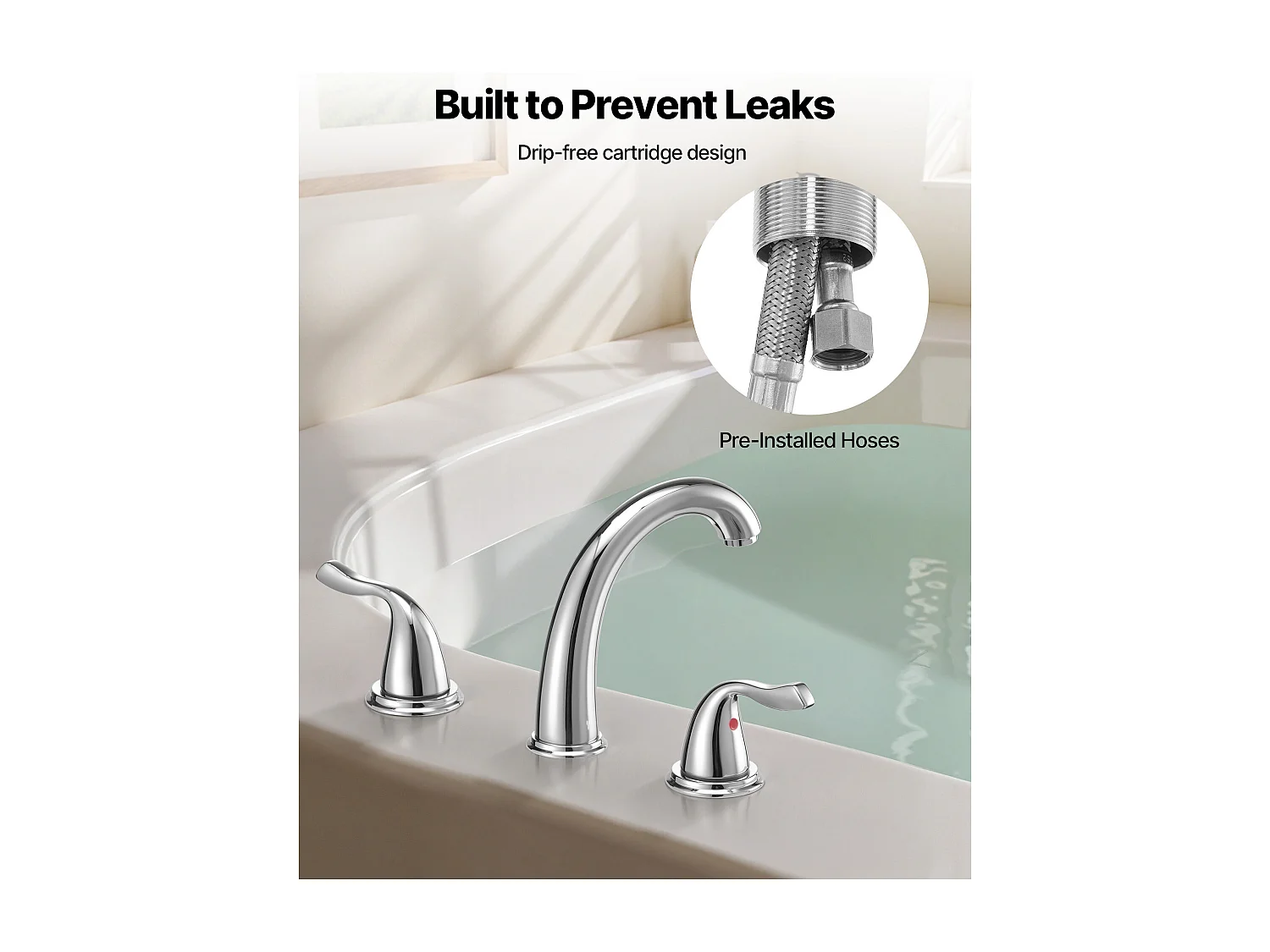 Mitigeur de Baignoire SucceBuy à 3 Trous avec 2 Poignées, Robinet de Baignoire Romaine, Ensemble de Robinetterie de Bain à Montage sur Pont, Argenté