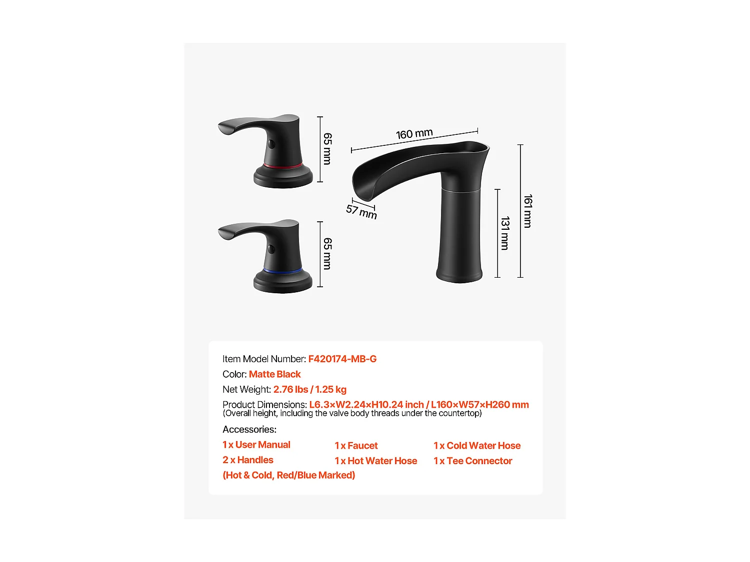 Mitigeur de Baignoire Romaine SucceBuy, Robinet de Baignoire à 3 Trous, Cascade, en Alliage de Zinc, avec 2 Poignées, Contrôle de la Température, Noir Mat