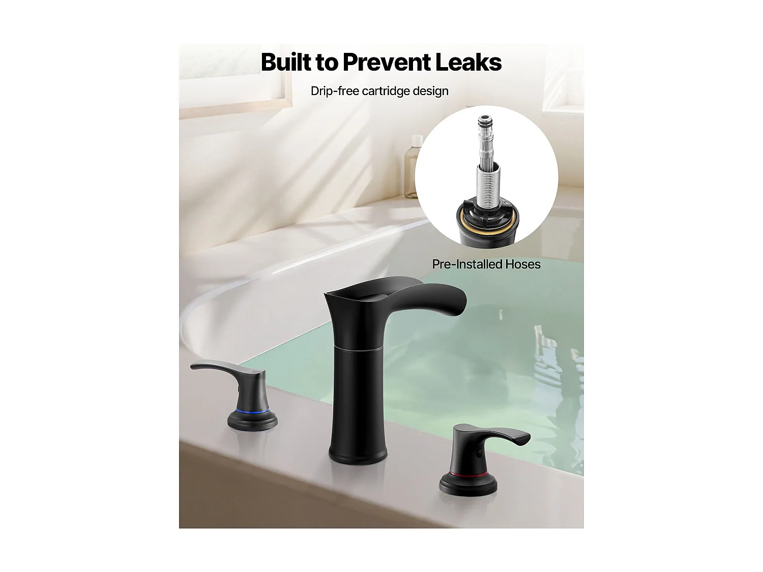 Mitigeur de Baignoire Romaine SucceBuy, Robinet de Baignoire à 3 Trous, Cascade, en Alliage de Zinc, avec 2 Poignées, Contrôle de la Température, Noir Mat