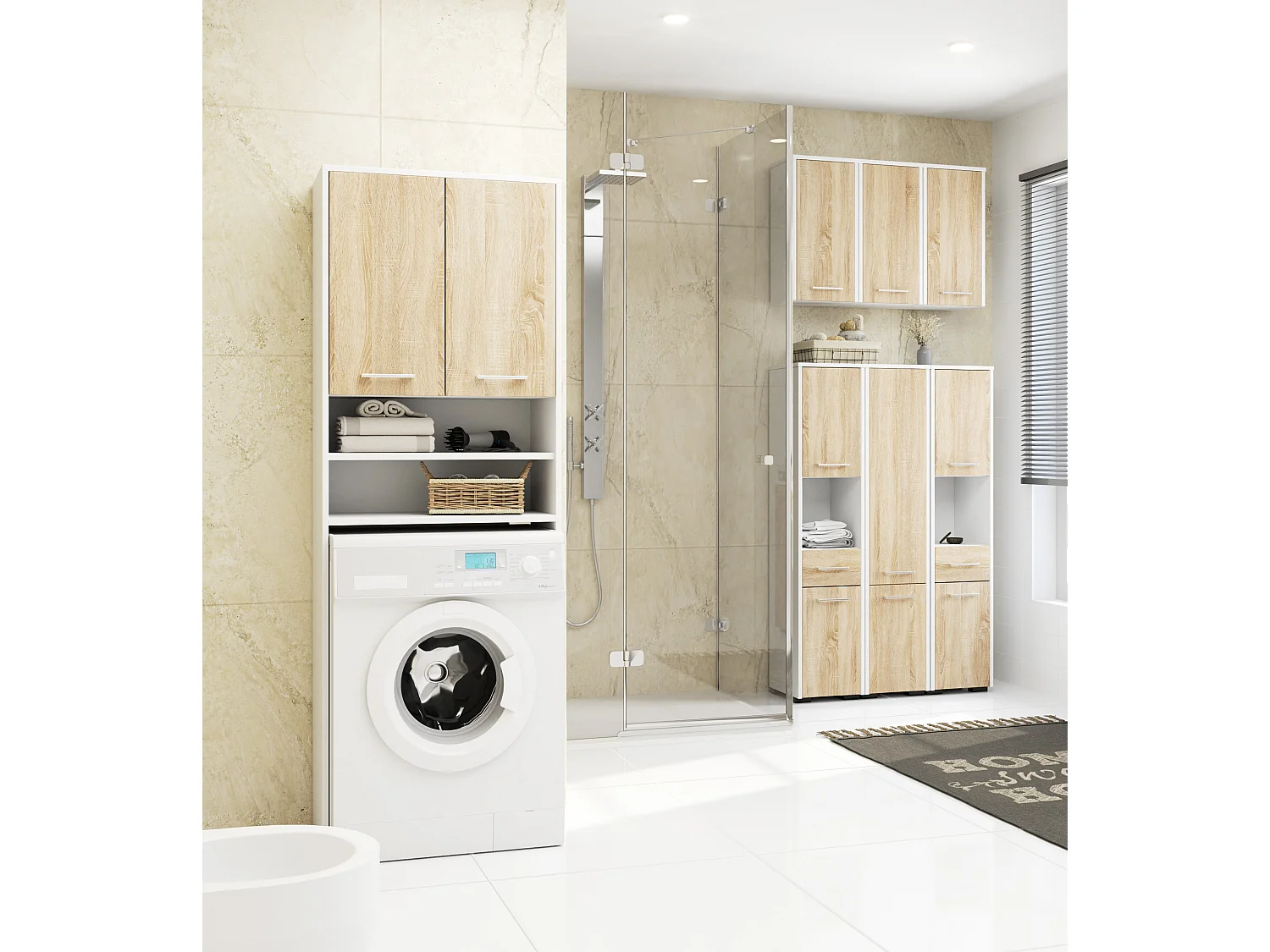 Armário Multiuso de Banheiro FIN 140cm 2 Portas - Branco/Sonoma