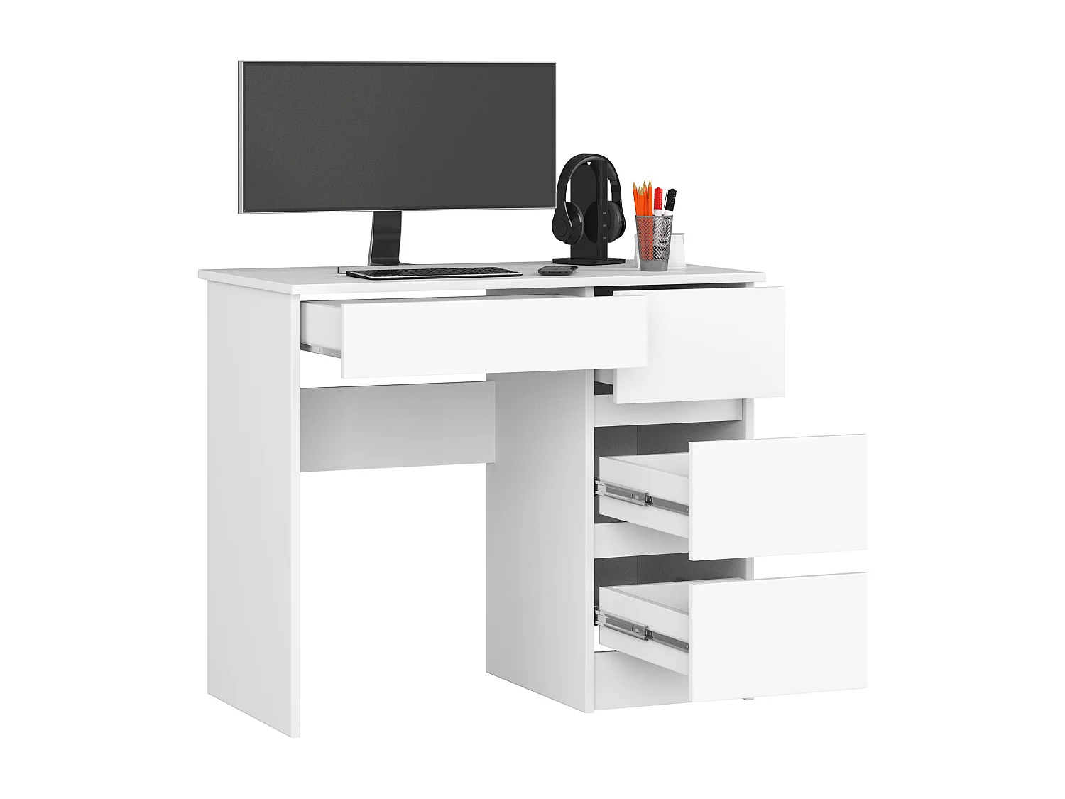 Mesa de Computador com Gavetas à Direita, 90cm, Branco, Design Moderno