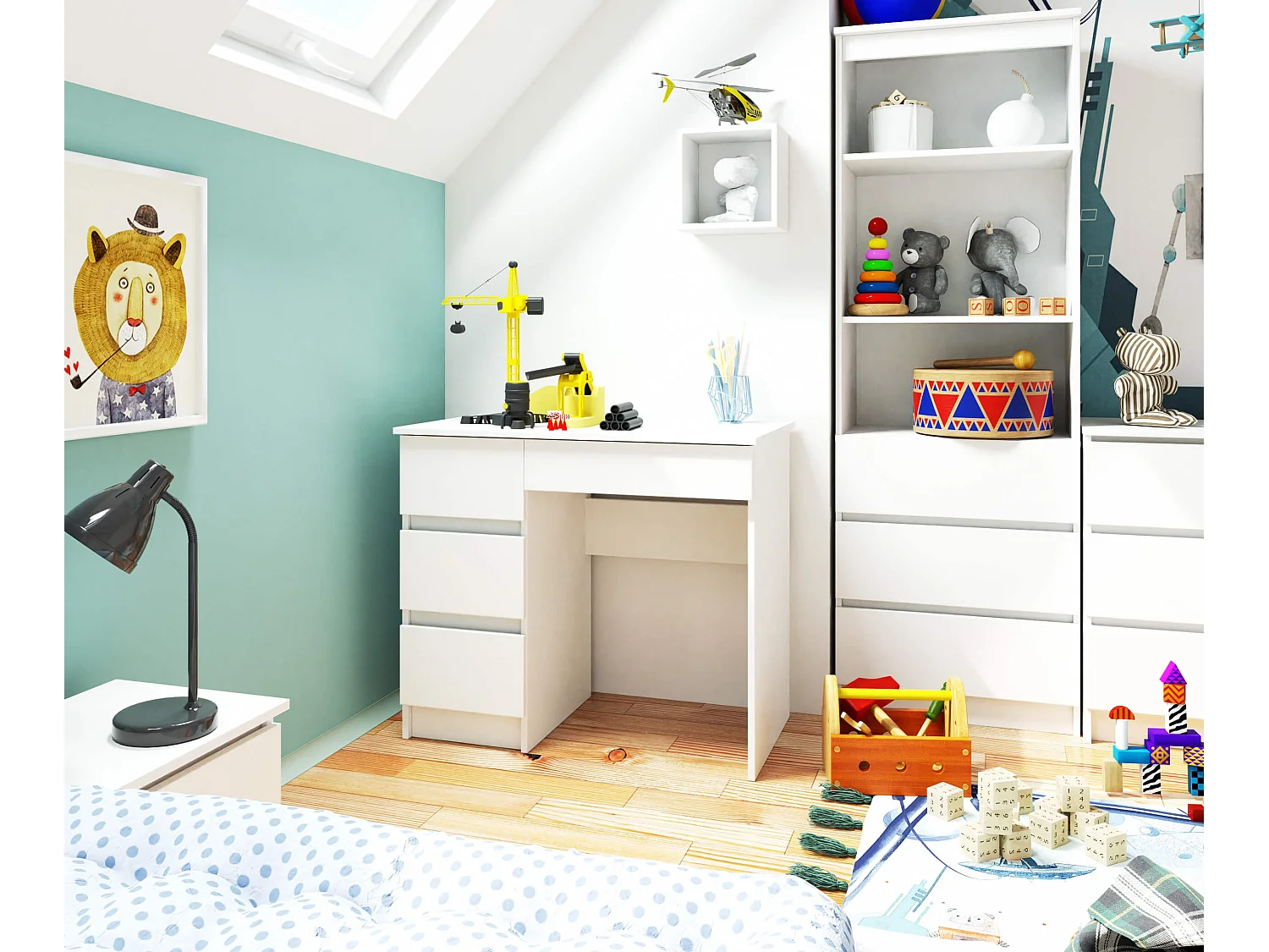 Escrivaninha Branca Moderna A-7 Esquerda com 4 Gavetas e Acabamento Fosco