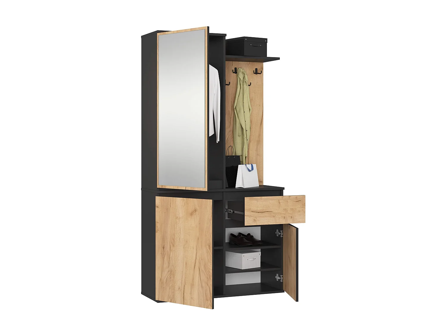 Conjunto de Móveis para Hall de Entrada ENTRO Preto/Carvalho