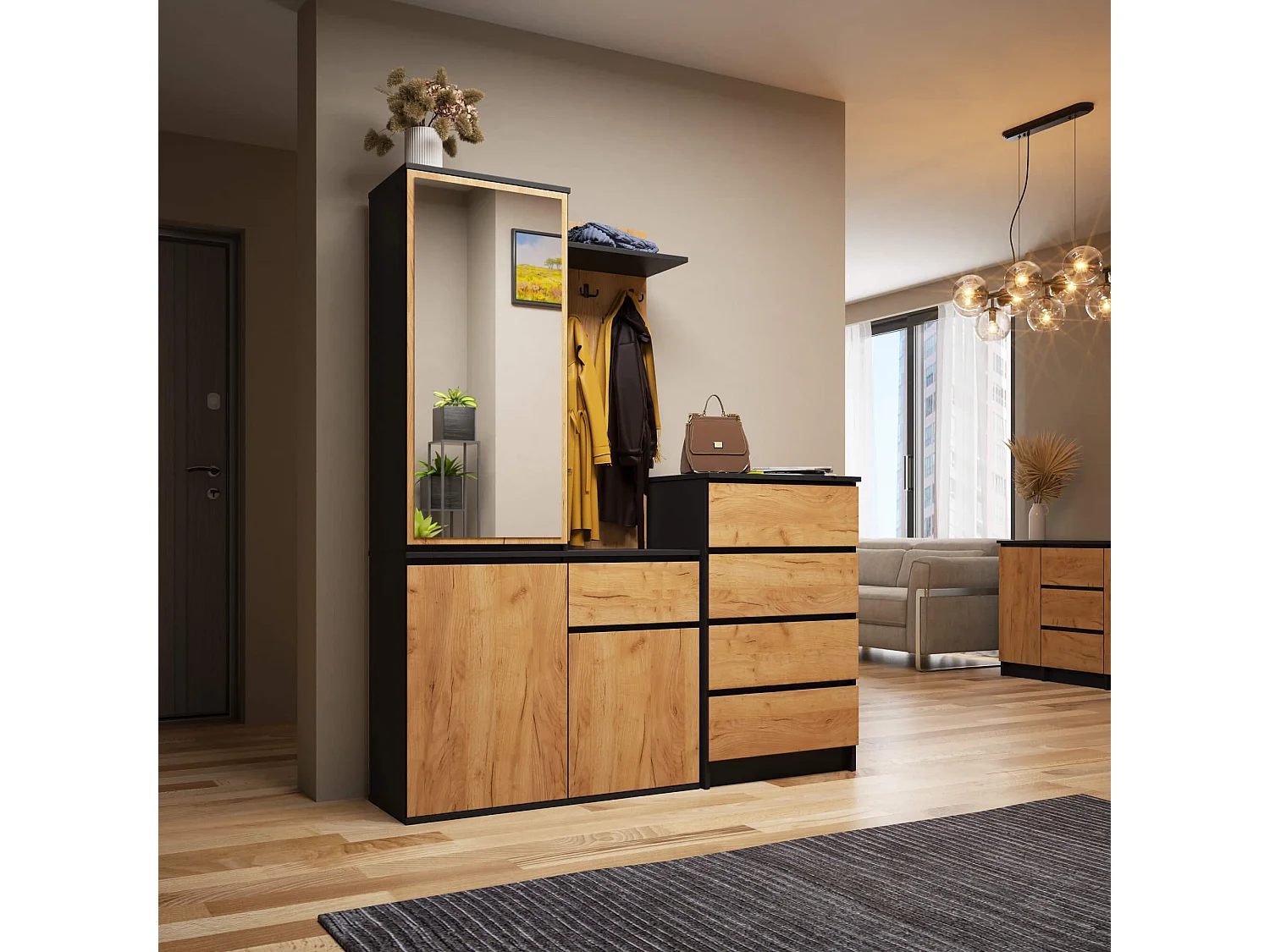 Conjunto de Móveis para Hall de Entrada ENTRO Preto/Carvalho