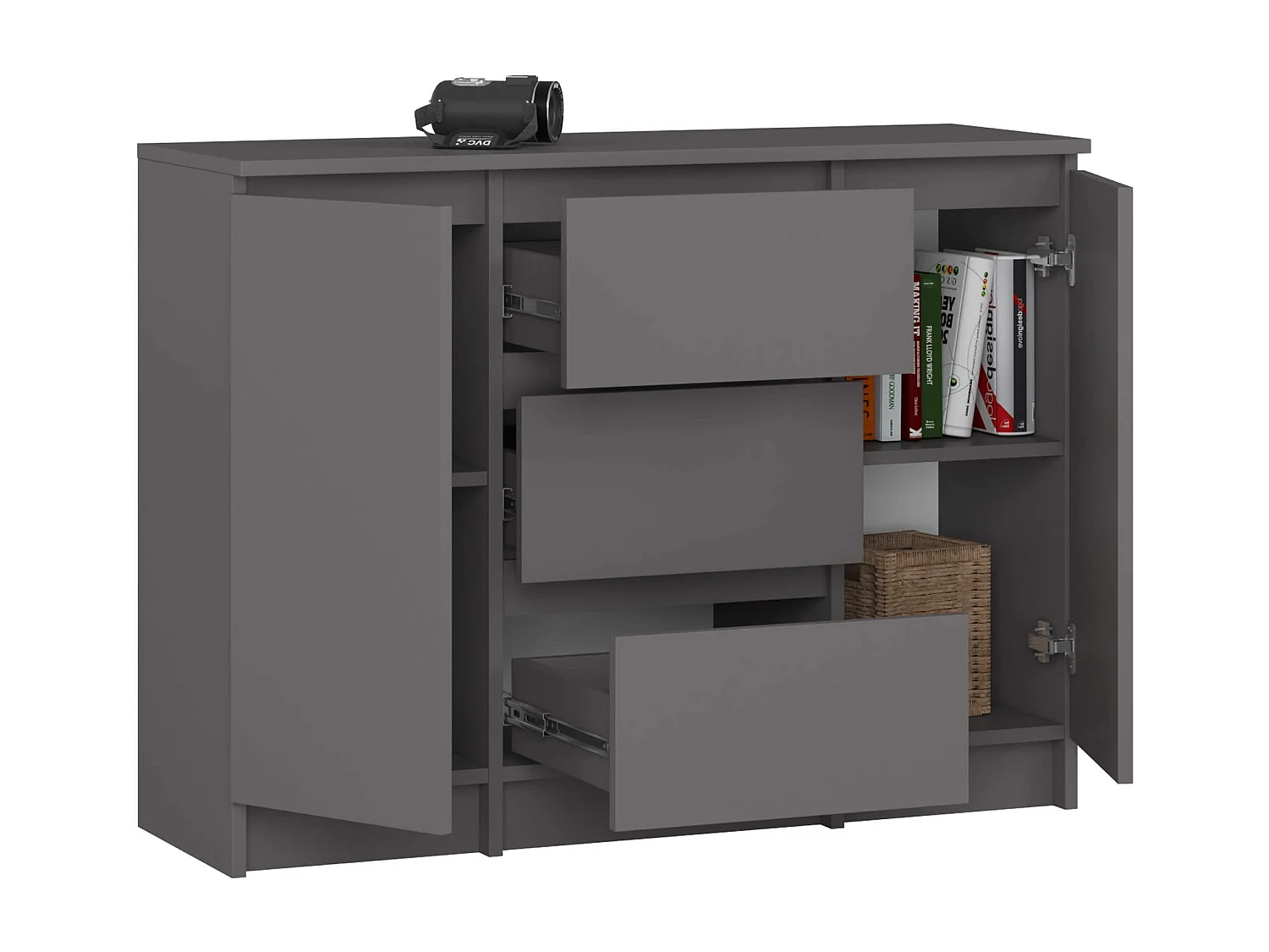 Cômoda Clássica Grafite Cinza 100cm 2 Portas 3 Gavetas