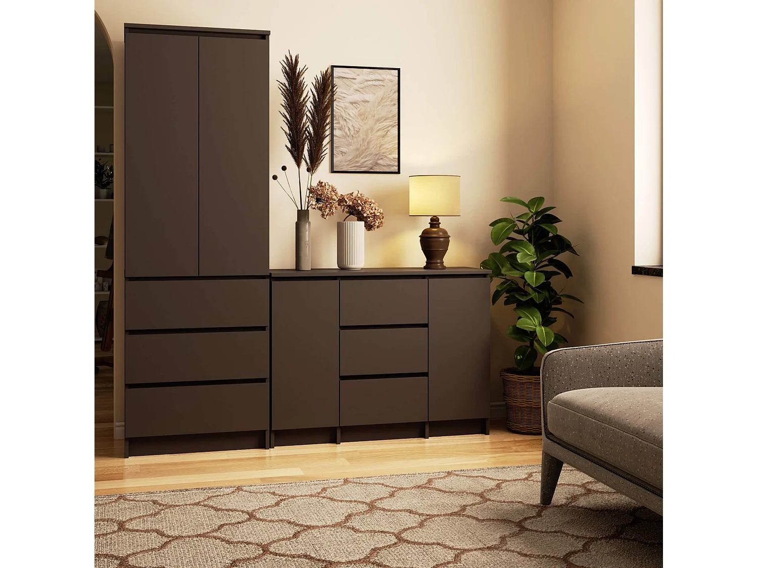 Cômoda Clássica Grafite Cinza 100cm 2 Portas 3 Gavetas