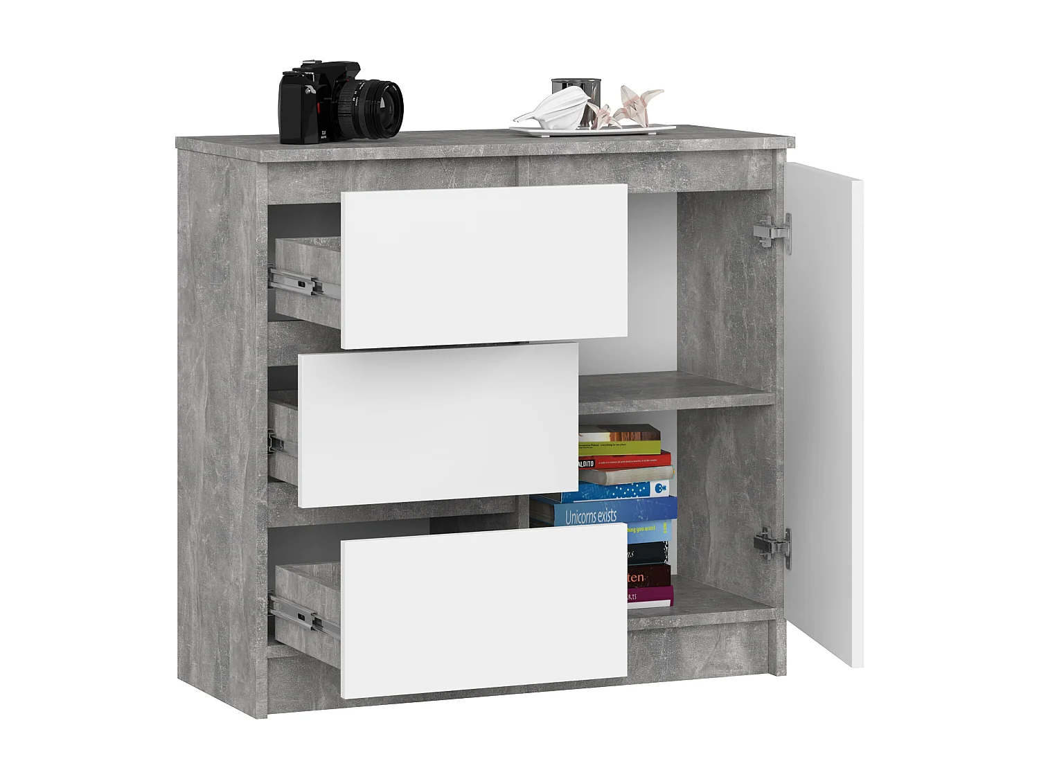 Cômoda Moderna K80 Jerry com 3 Gavetas e Porta, 80cm, Branco/Beton, Auto Montagem