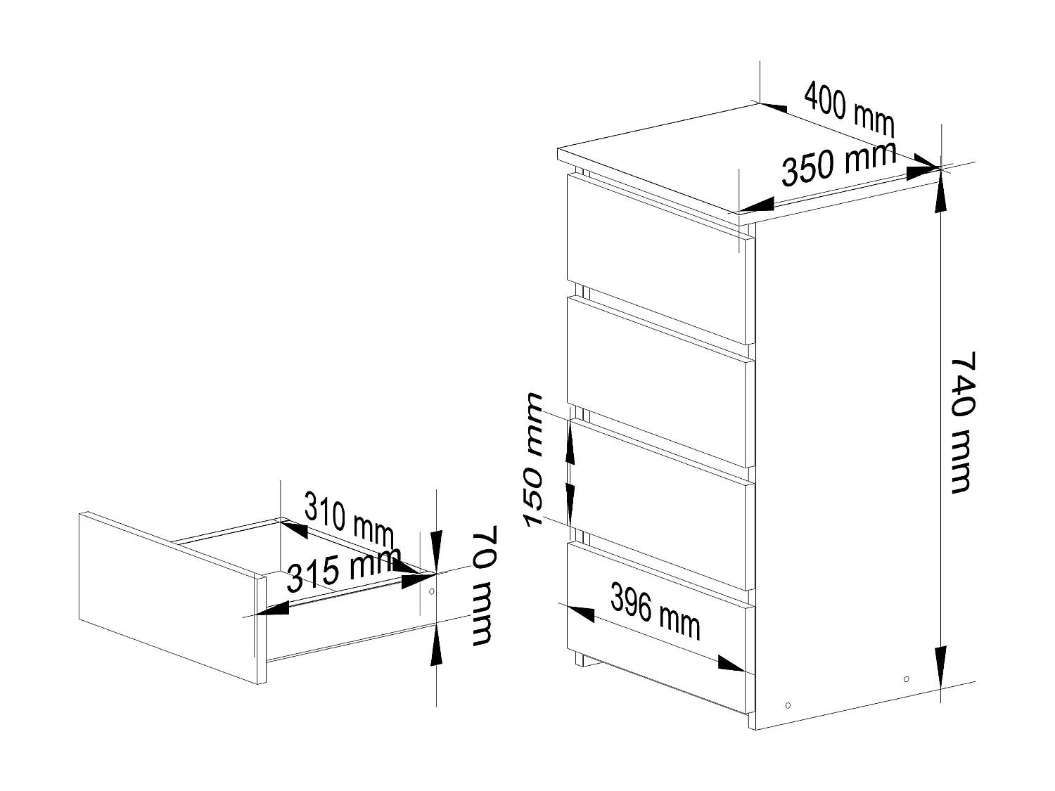 Cômoda Branca Kom-Bia com 4 Gavetas, 40x74x35 cm, Frente Fosco, P. Laminada