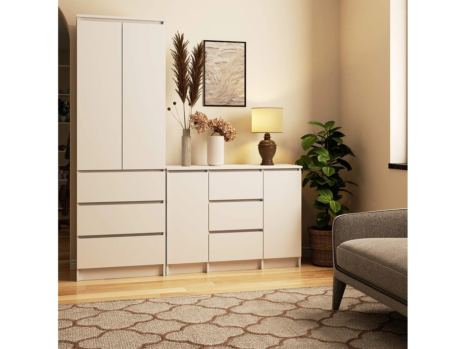 Cômoda Elegante K100 - 2 Portas & 3 Gavetas, Branco Matte