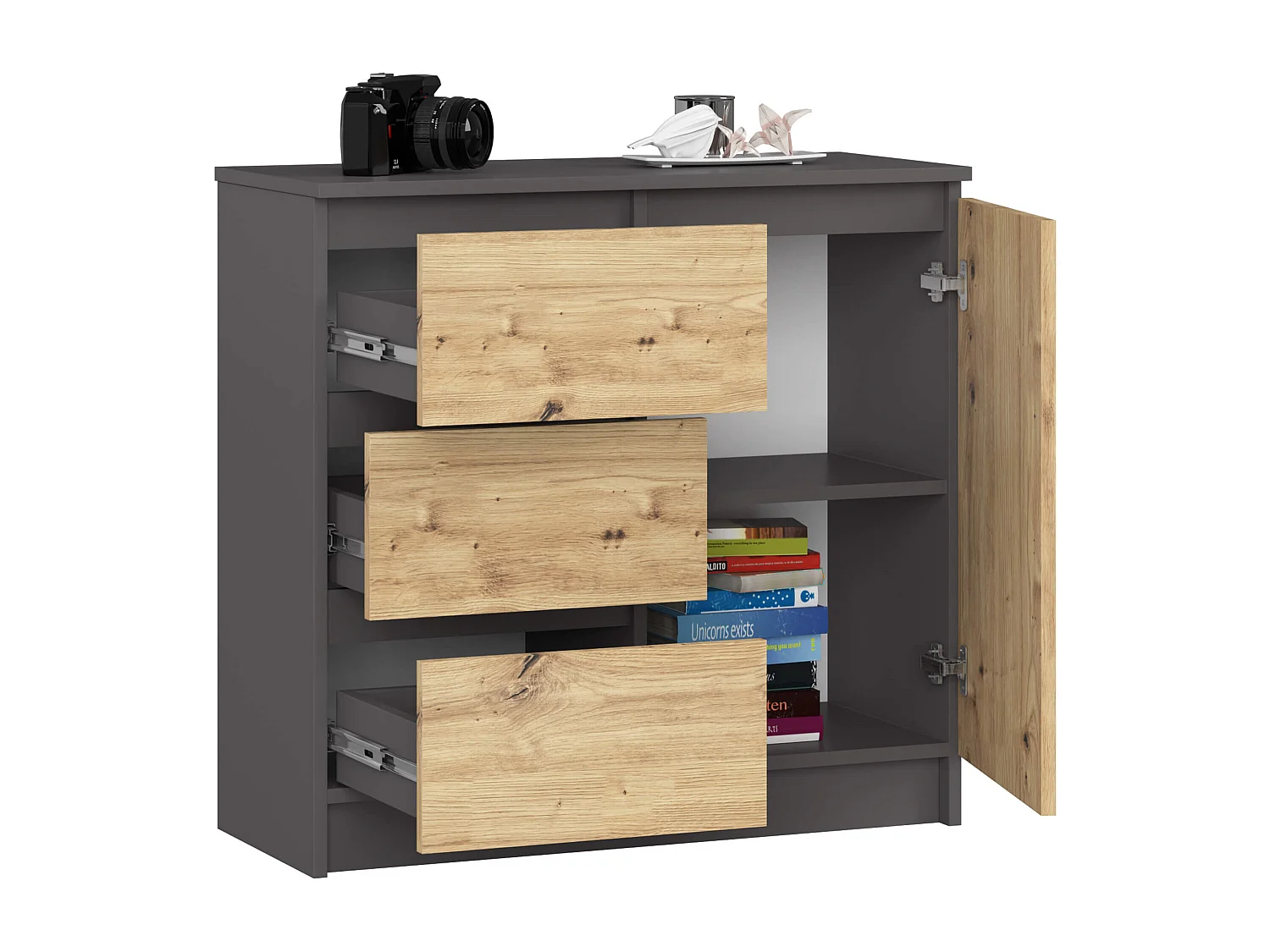 Cômoda Jerry Moderna K80 Cinza Grafite/Carvalho Artisan 3 Gavetas