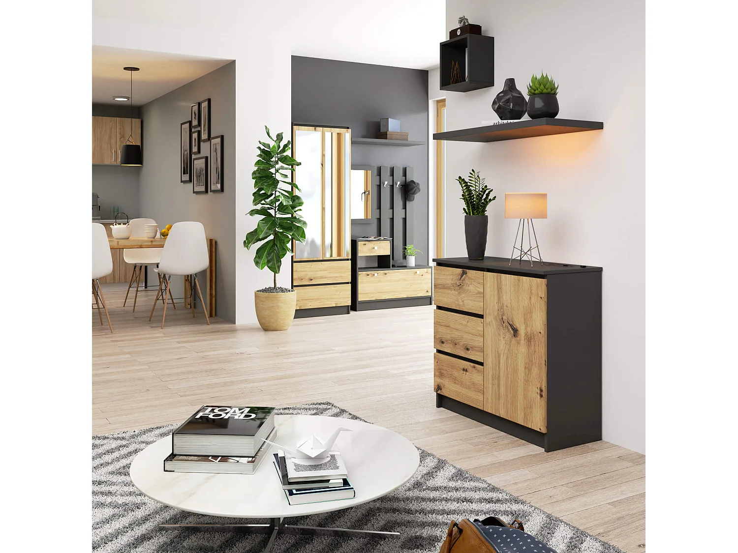 Cômoda Jerry Moderna K80 Cinza Grafite/Carvalho Artisan 3 Gavetas