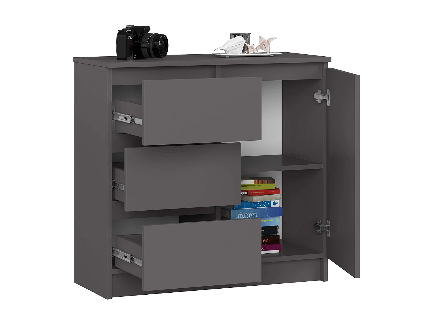 Cômoda Jerry Grafite e Cinza com 3 Gavetas e 2 Prateleiras, 80 cm Largura, Design Moderno em Material Laminado