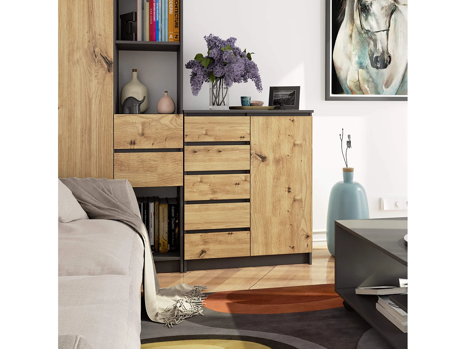 Cômoda Grafite Cinza/Dália Artisan com 5 Gavetas e 1 Porta - Elegância e Funcionalidade