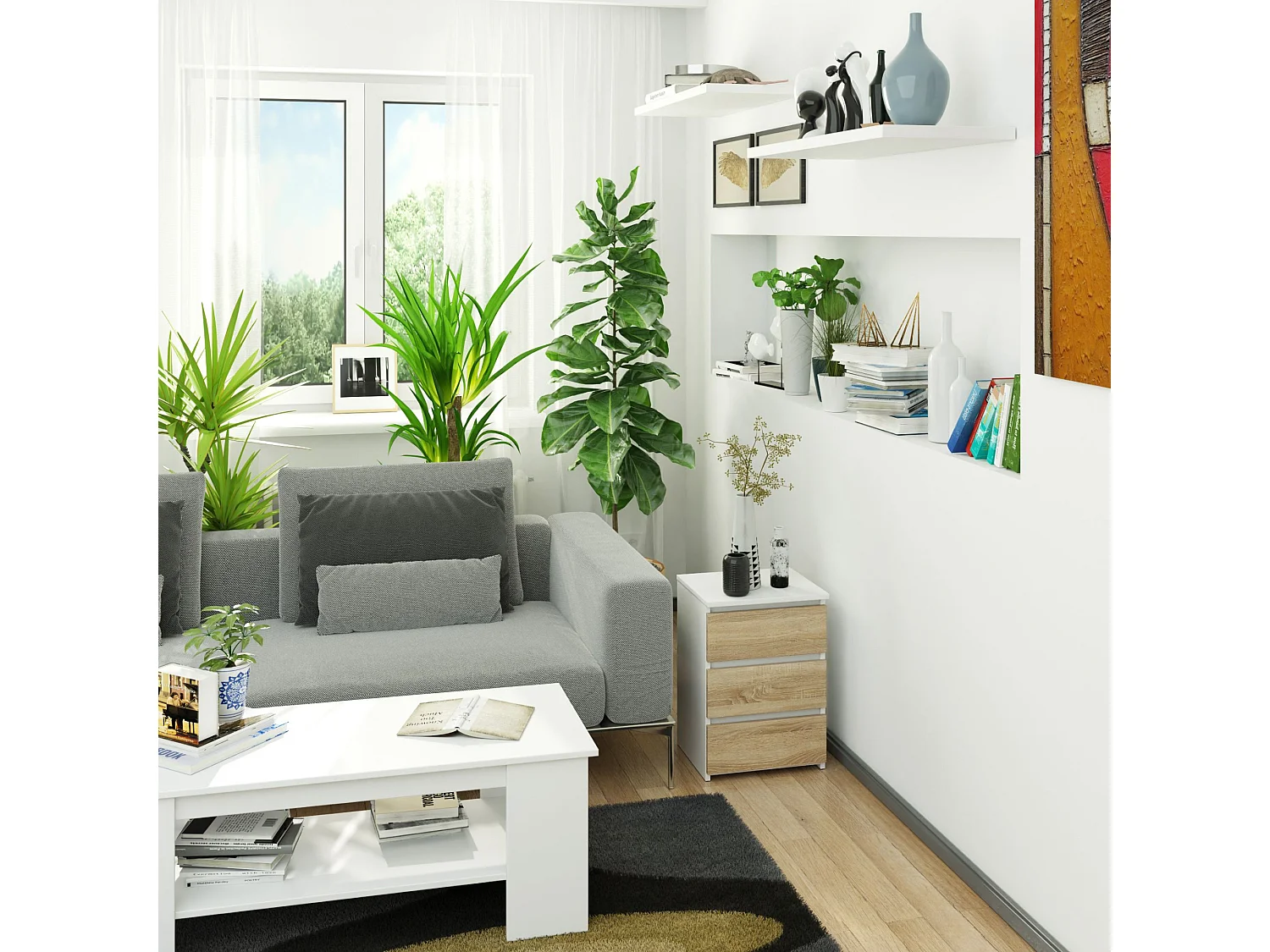 Cômoda Compacta 3 Gavetas - Branco e Carvalho Sonoma