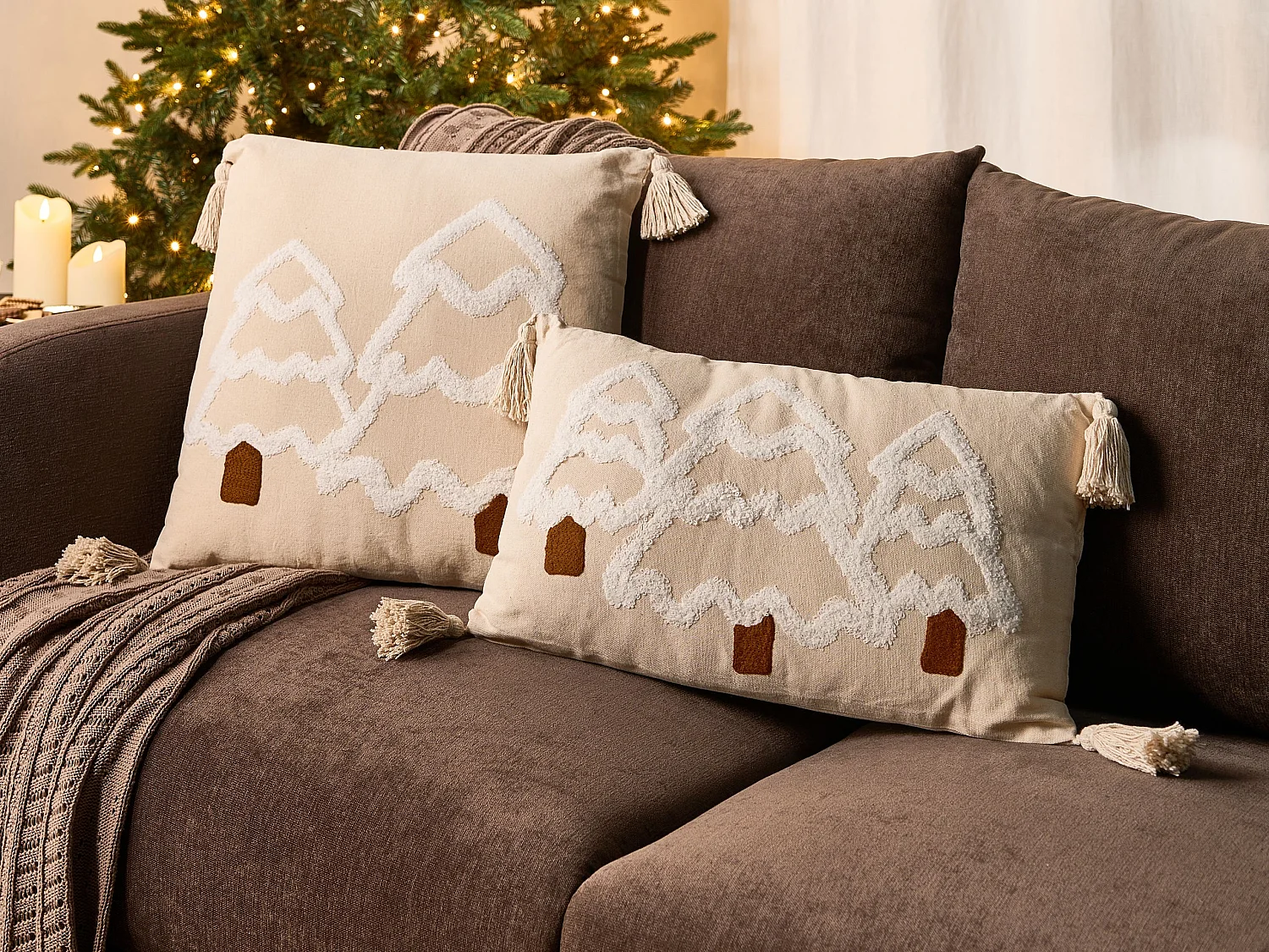 Lot de 2 coussins décoratifs INTSIA 30 x 50 cm 45 x 45 cm Coton Beige clair Motif de Noël