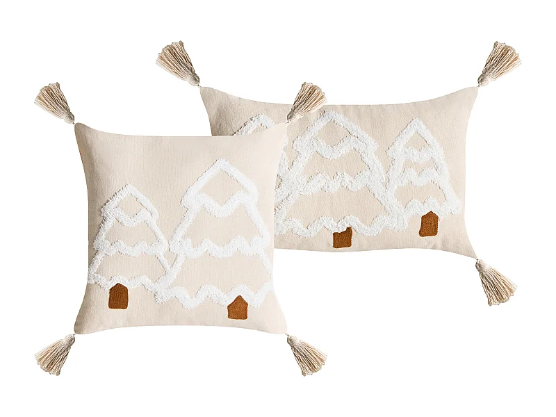 Lot de 2 coussins décoratifs INTSIA Coton 30 x 50 cm 45 x 45 cm Beige clair Motif de Noël