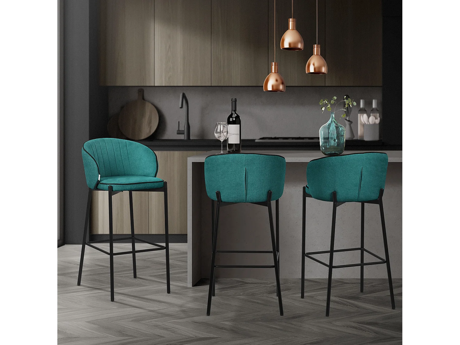 ML-Design 4x Taburetes de bar turquesa oscuro con tapizado de tela, 76cm sillas con respaldo y reposapíes, estructura metálica sillones para encimera