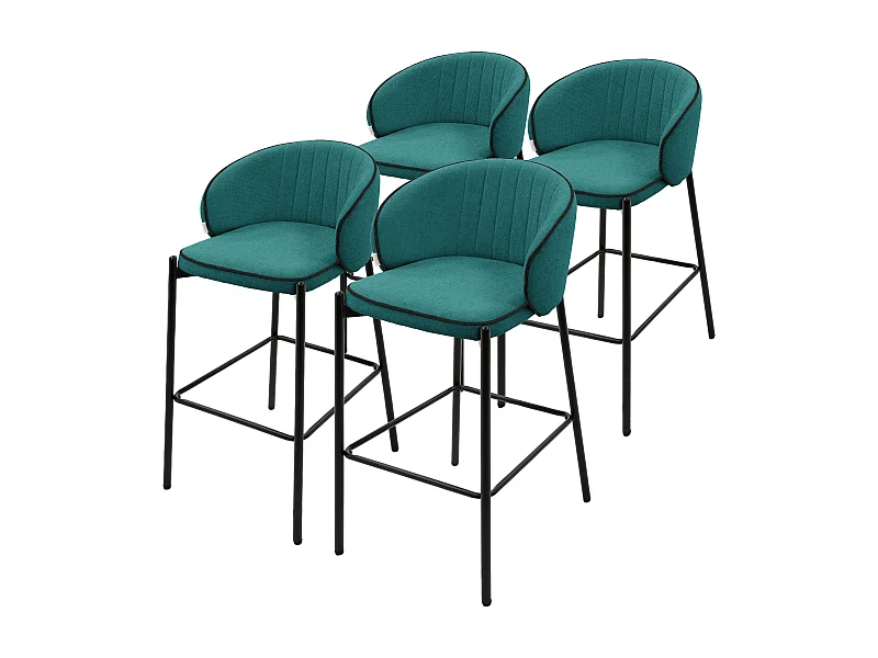 Lot 4 tabourets de bar tissu bleu pétrole hauteur 76 cm avec dossier arrondi et repose-pieds cadre en métal chaises de comptoir sièges hauts bistrot