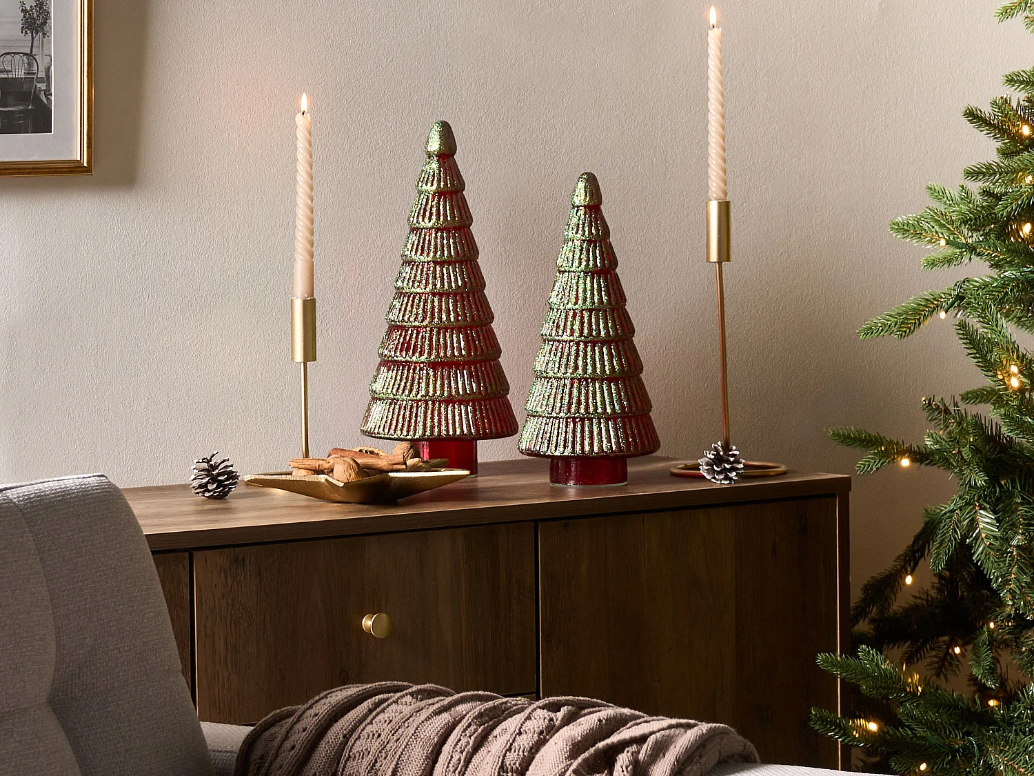 Lot de 2 figurines PURUVESI Arbre de Noël 31/36 cm Rouge/vert