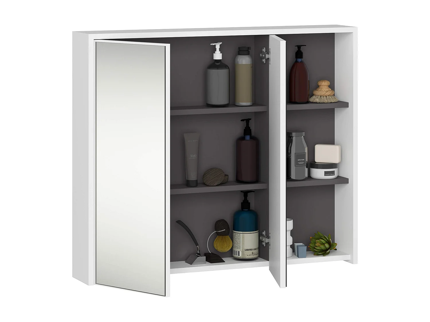 Armário Suspenso de Banheiro com Espelho VAMI W90 Branco/Grafite 2 Portas 3 Prateleiras