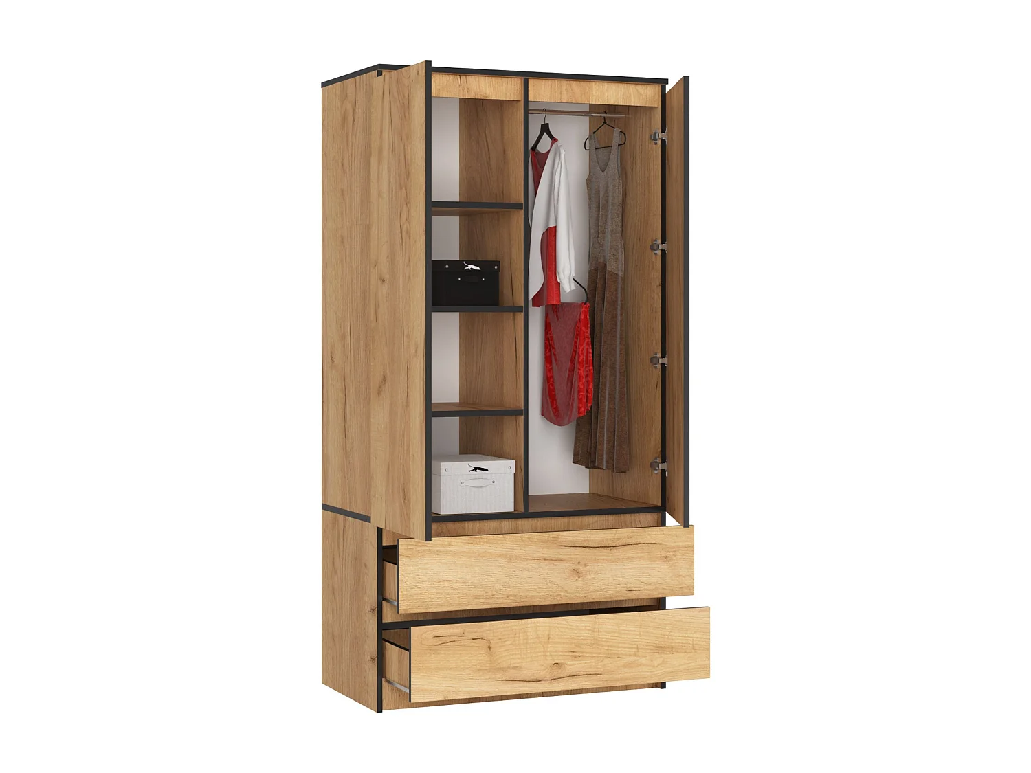 Guarda-Roupa 2 Portas 2 Gavetas, 90cm, Carvalho Craft