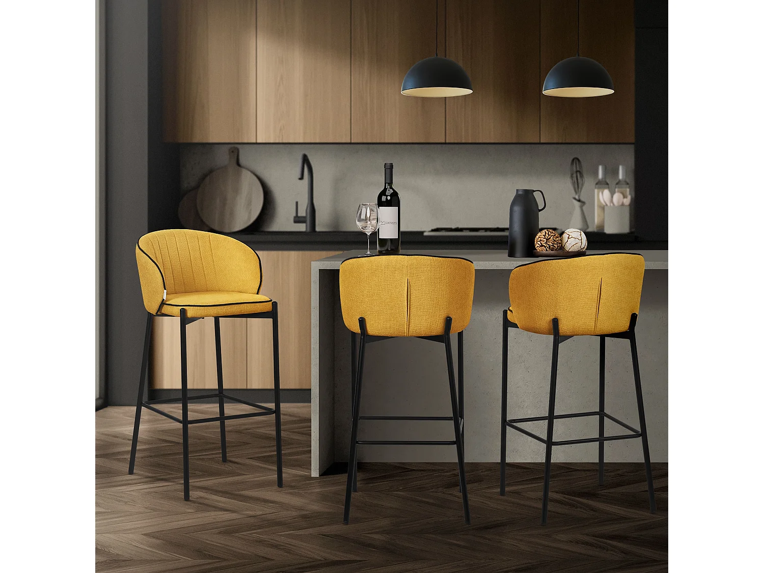 ML-Design Set 4 sgabelli da bar senape, in tessuto, A 76 cm, con schienale e poggiapiedi, sgabello alto imbottito per cucina, sedia da isola o bancone