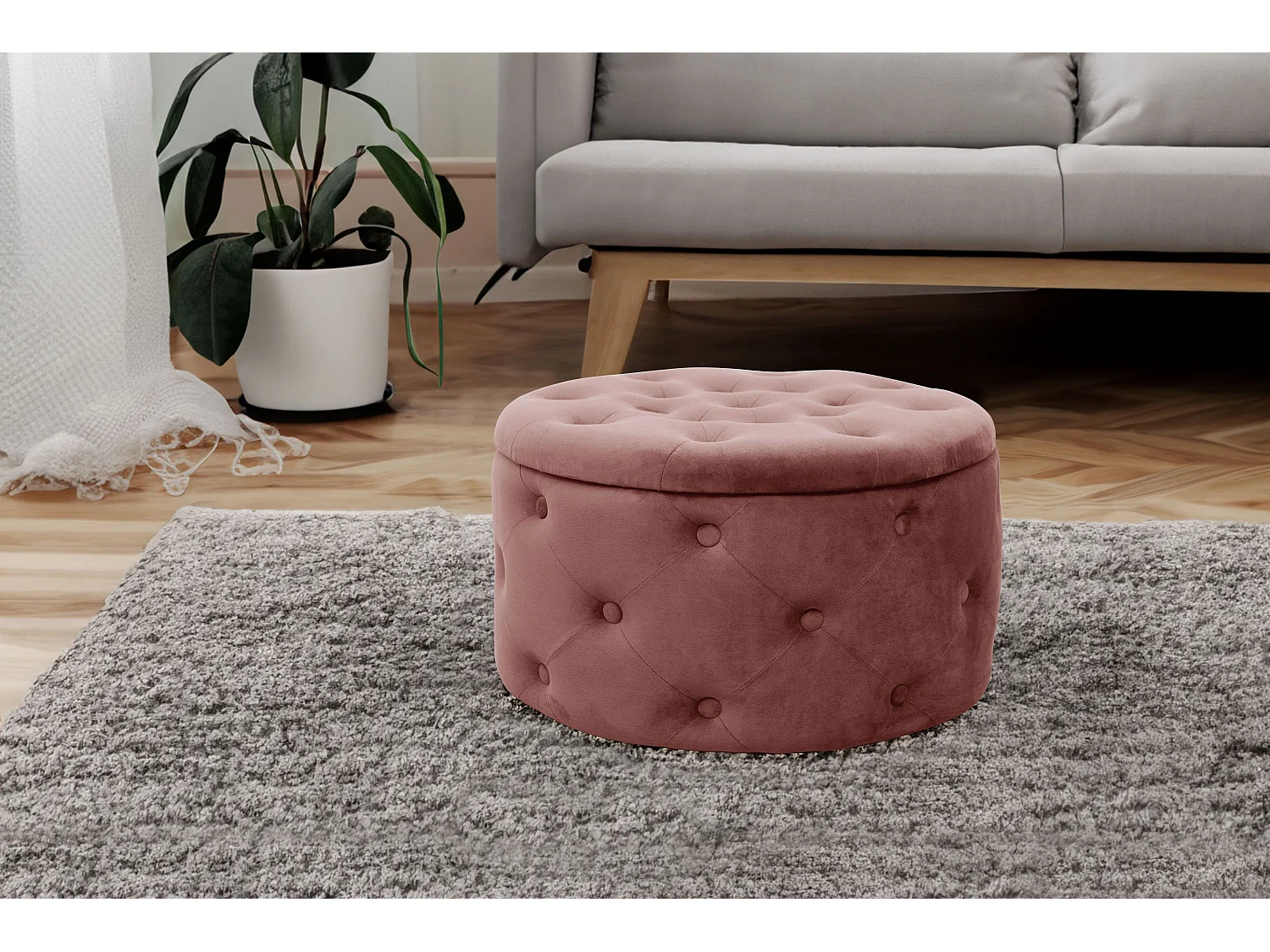 Puffeira Alia Veludo Rosa Pó - Design Redondo, Armazenamento Interno, Alta Qualidade e Conforto, Produto de Montagem Fácil, Carga Máxima 80kg