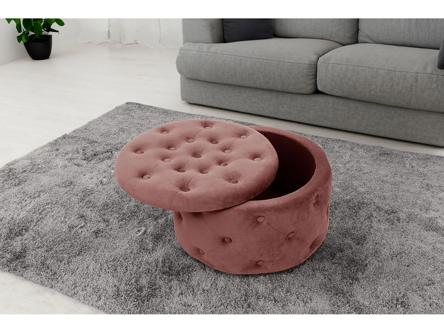 Puffeira Alia Veludo Rosa Pó - Design Redondo, Armazenamento Interno, Alta Qualidade e Conforto, Produto de Montagem Fácil, Carga Máxima 80kg