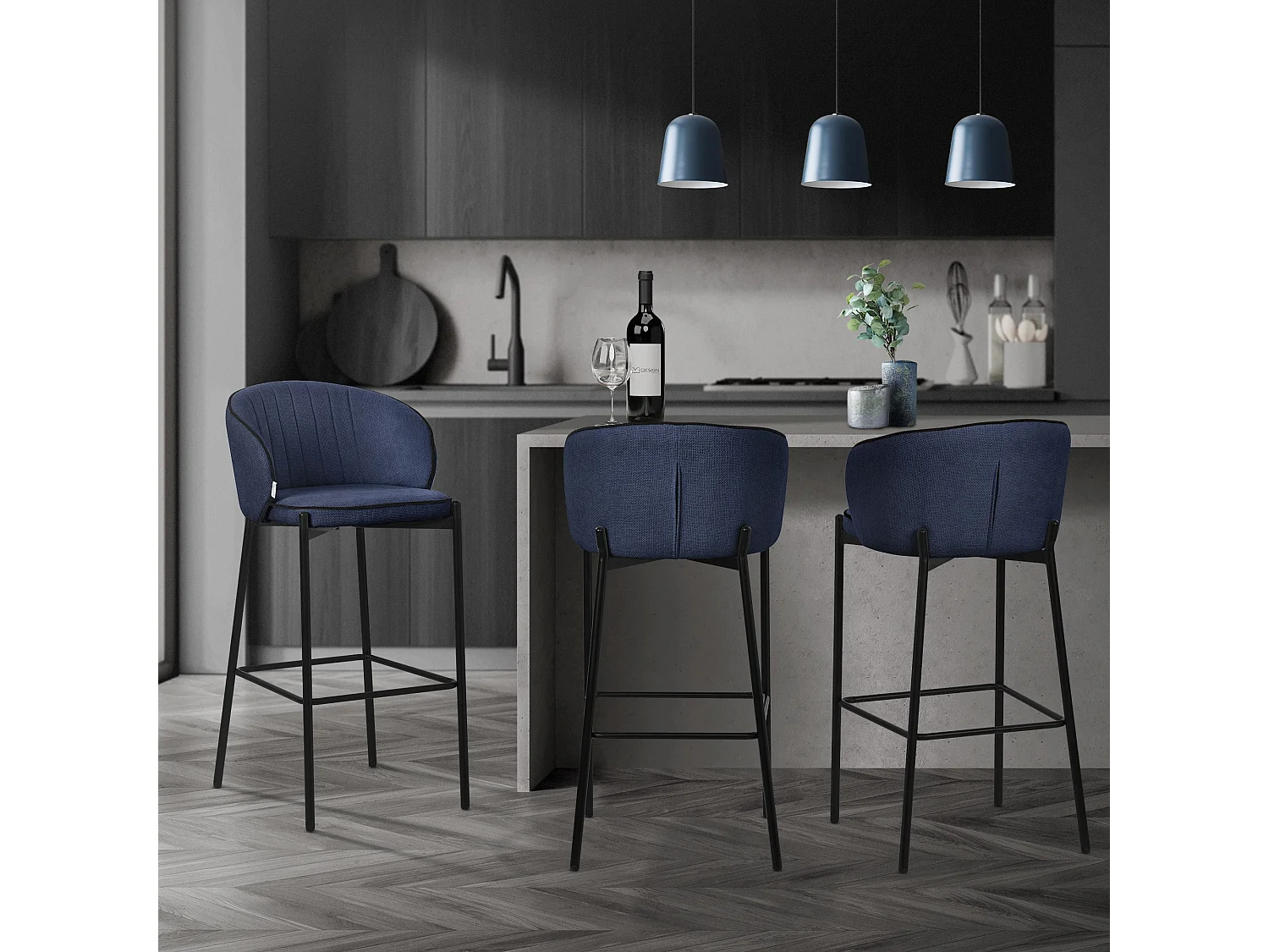 ML-Design 4x Taburetes de bar azul oscuro con tapizado de tela, 76cm sillas con respaldo y reposapíes, estructura metálica sillones para encimera