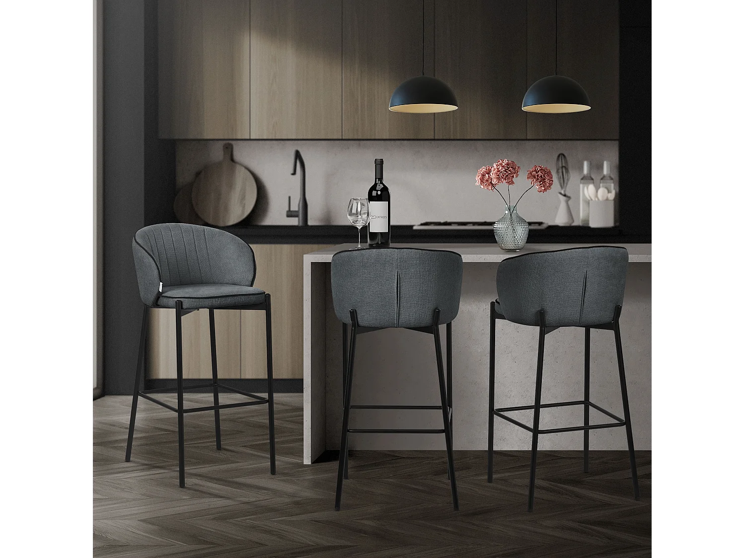 ML-Design Set di 2 sgabelli da bar antracite, in tessuto, A 76 cm, con schienale e poggiapiedi, sgabello alto imbottito per cucina, sedia da isola