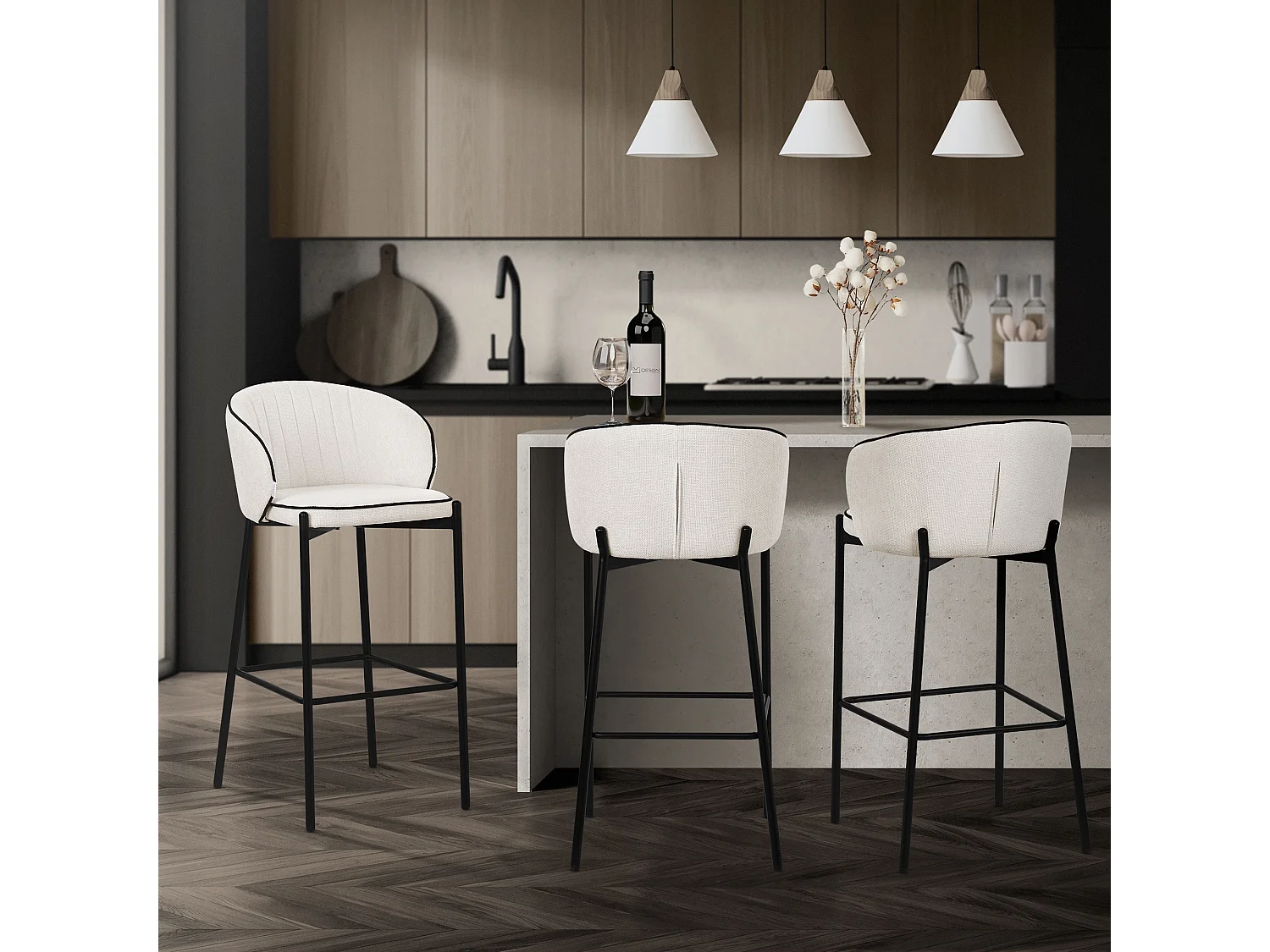 ML-Design Set 2 sgabelli da bar beige, in tessuto, A 76 cm, con schienale e poggiapiedi, sgabello alto imbottito per cucina, sedia da isola o bancone