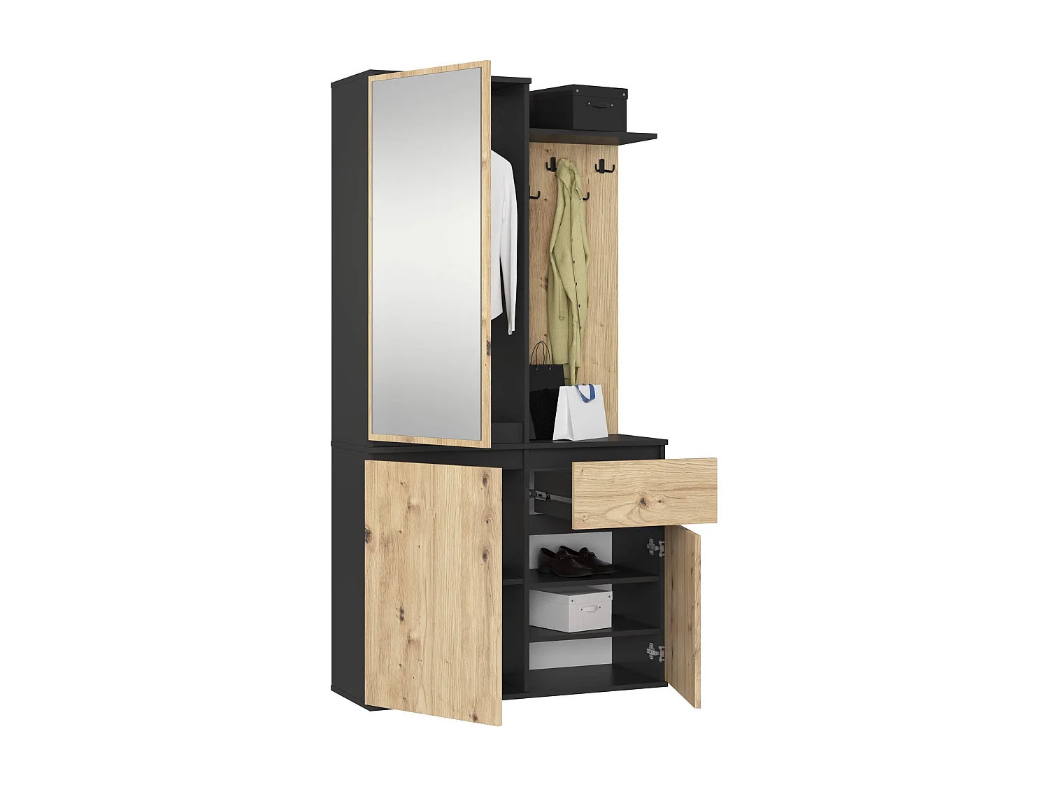 Conjunto de Móveis para Hall de Entrada ENTRO Preto/Carvalho Artisan