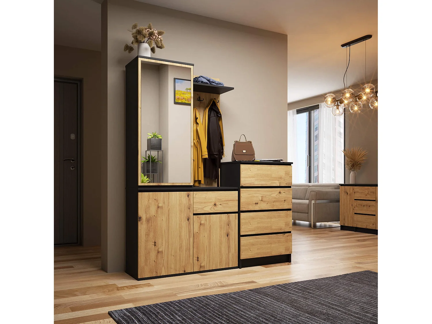 Conjunto de Móveis para Hall de Entrada ENTRO Preto/Carvalho Artisan