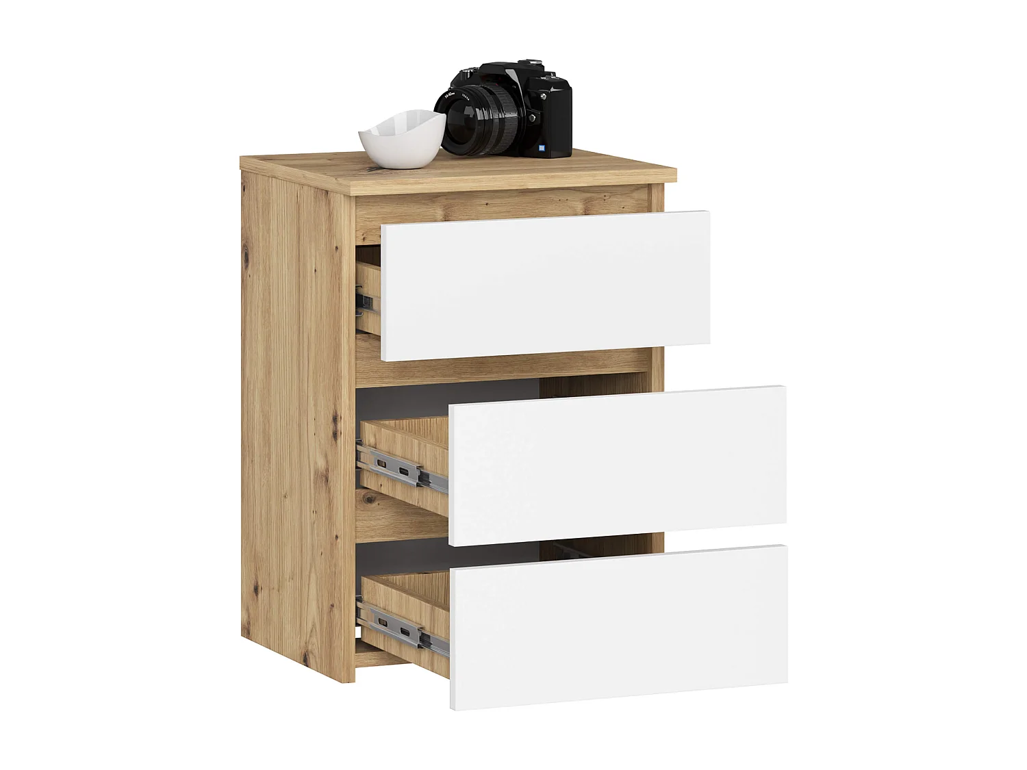 Cômoda Elegante 3 Gavetas - Carvalho Artisan e Branco, 40x57 cm