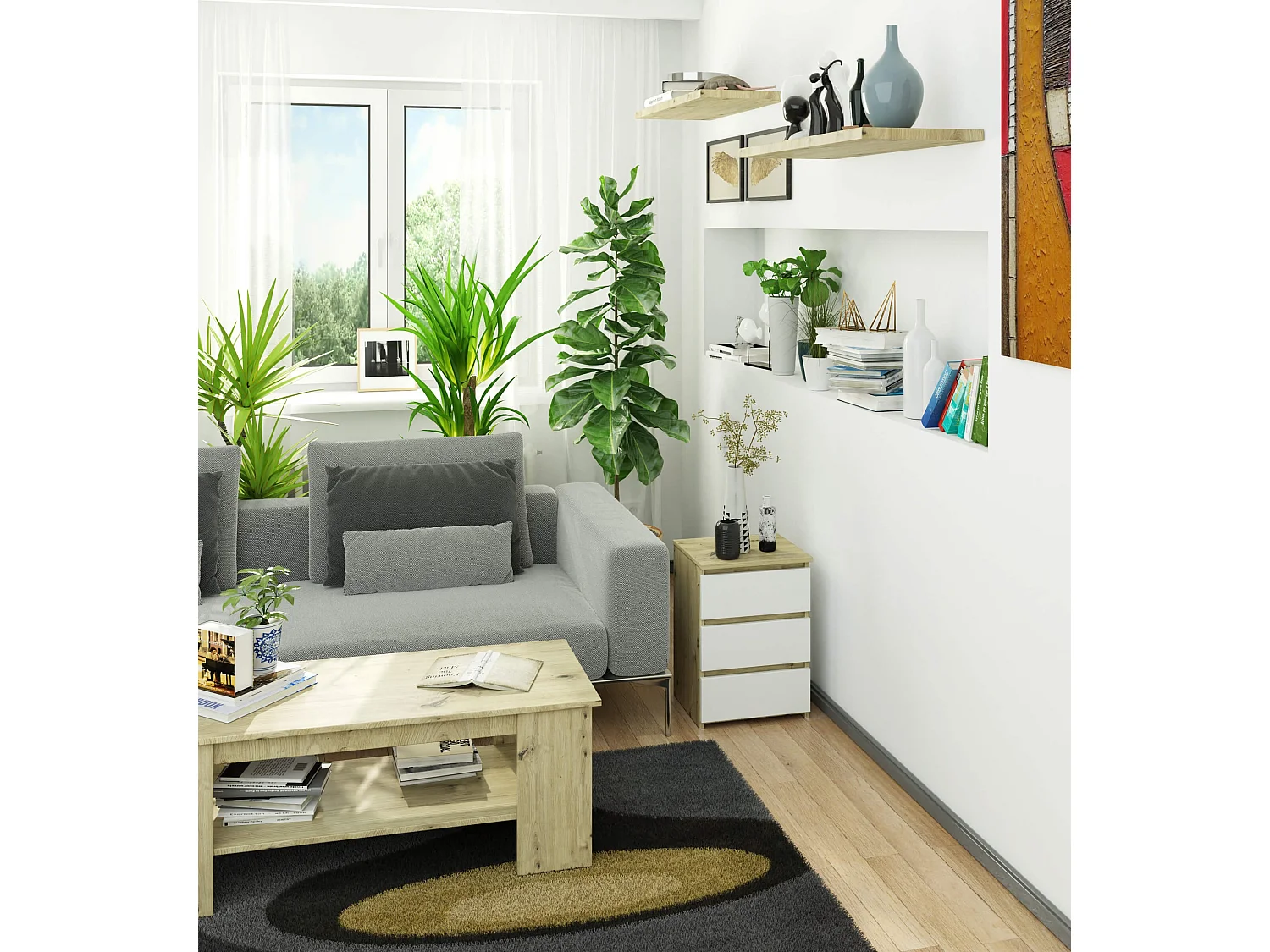 Cômoda Elegante 3 Gavetas - Carvalho Artisan e Branco, 40x57 cm