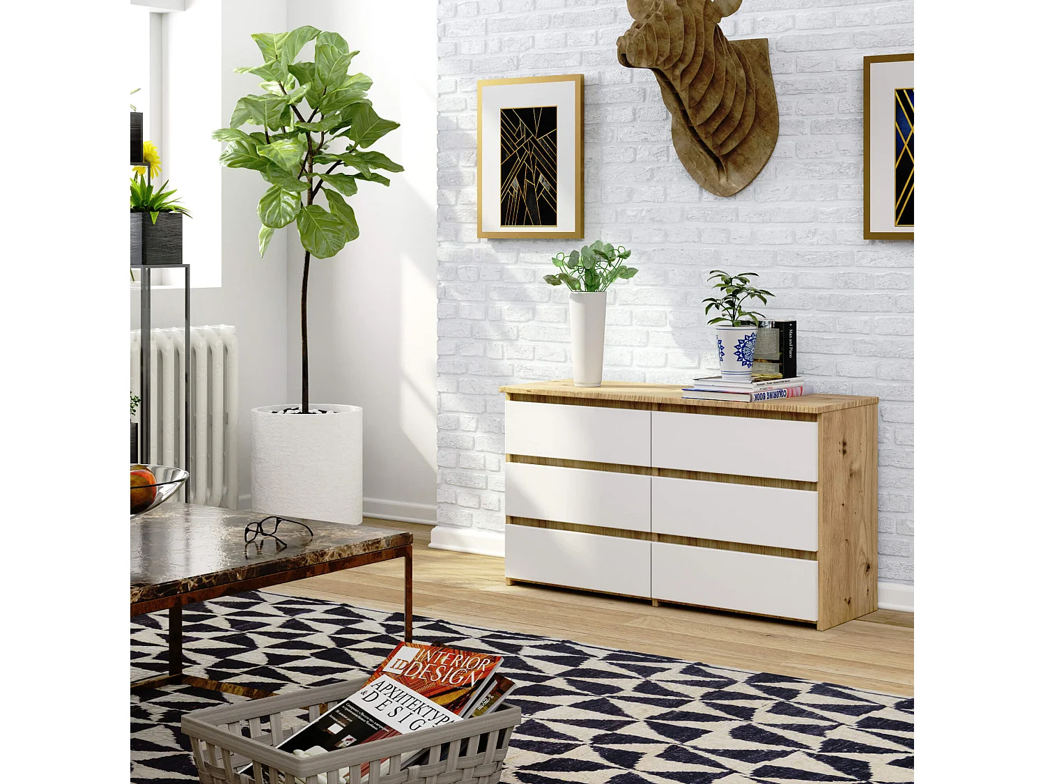 Cômoda com 6 Gavetas Artisan & Branco - Design Moderno, 100x57x35 cm, Laminado, ABS, Montagem Fácil